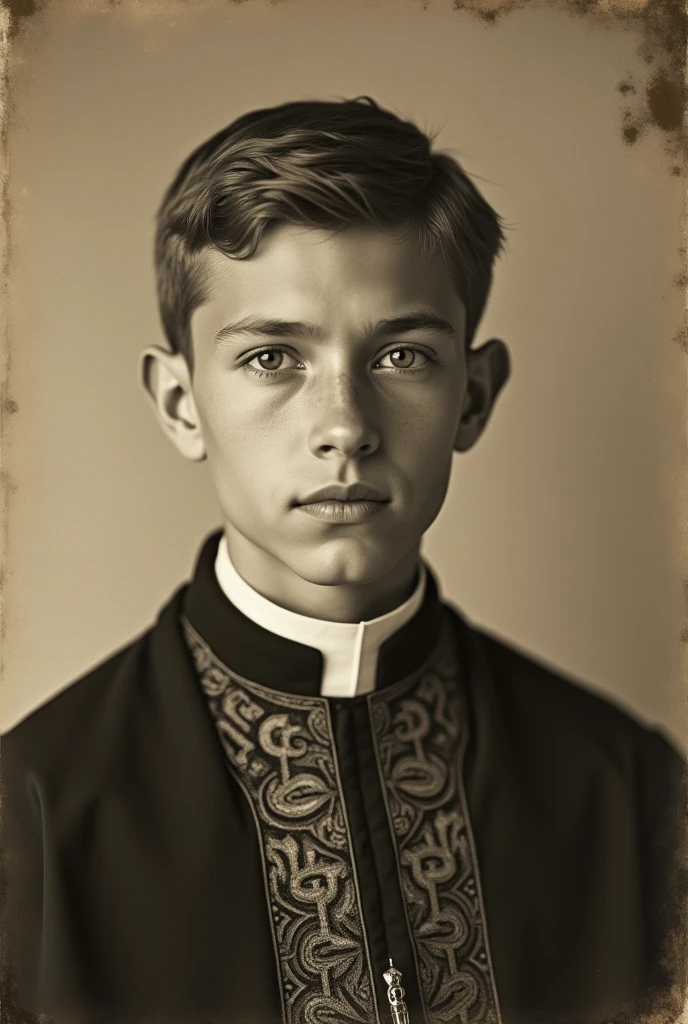Imagem de um menino de terno e gravata sentado em frente a uma mesa, inspirado em Wojciech Gerson, menino, ezio, inspirado em Charles McAuley, inspirado por Thomas Mann Baynes, Vicotr Hugo Harmatiuk, inspirado em Henry O. curtidor, Foto de 1900, inspirado em Francisco Oller