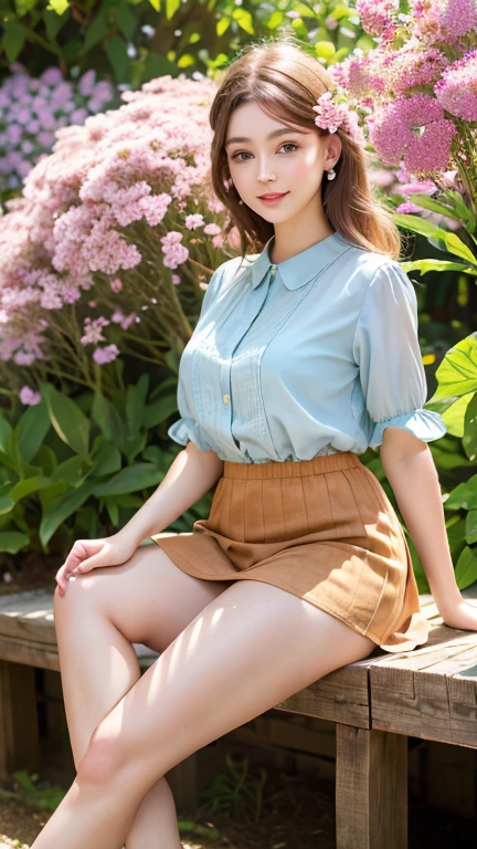 ((whole body)), ((from below)), ((sitting on a park bench)), ((realistic)), 1 girl, looking at viewer, detailed scene, Curly hair, air bang, beautiful hair accessories, brownish yellow hair, ((white colored blouse, short black tight skirt, neck bow tie, high heel)), (Campus Style), warm lighting, warm color palette, More details, very detailed, (masterpiece, best quality), (Very detailed and beautiful work), delicate earrings, delicate necklace, simple blurred background, extreme detail description, Ultra-fine painting, delicate face, slim body, (smile, tooth exposure), (anatomy correct), tight dress, cherry blossom road with river, Walking figure, stockings