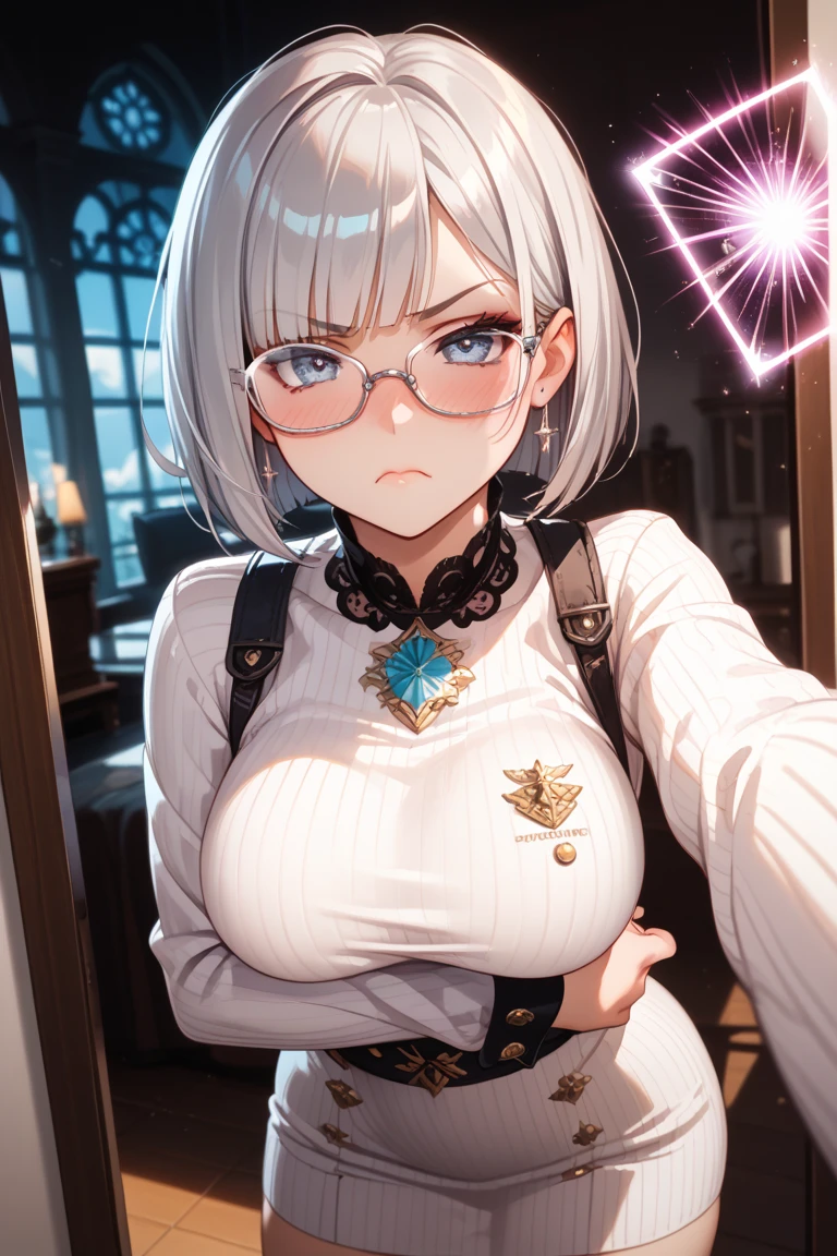 wide shot, ((best quality)), ((highly detailed)), masterpiece, (detailed eyes, deep eyes), (1girl), dynamic angle, cowboy shot, purah, woman, smile, ((short white hair)), ((red eyes)), firm breasts, realistic proportions, lipstick,, subtly visble breasts, night lighting, ((petite body)), standing in a doorway, dimly lit, moonlit hallway, (((light red sheer vintage nightgown))), (((silhouette of her naked body is visible through her nightgown))), subtly visible breasts and pussy, (((visible nipples, visible pussy))), realistic art style, (((red rimmed glasses, golden goggles on head))), (((red lace corset)))
