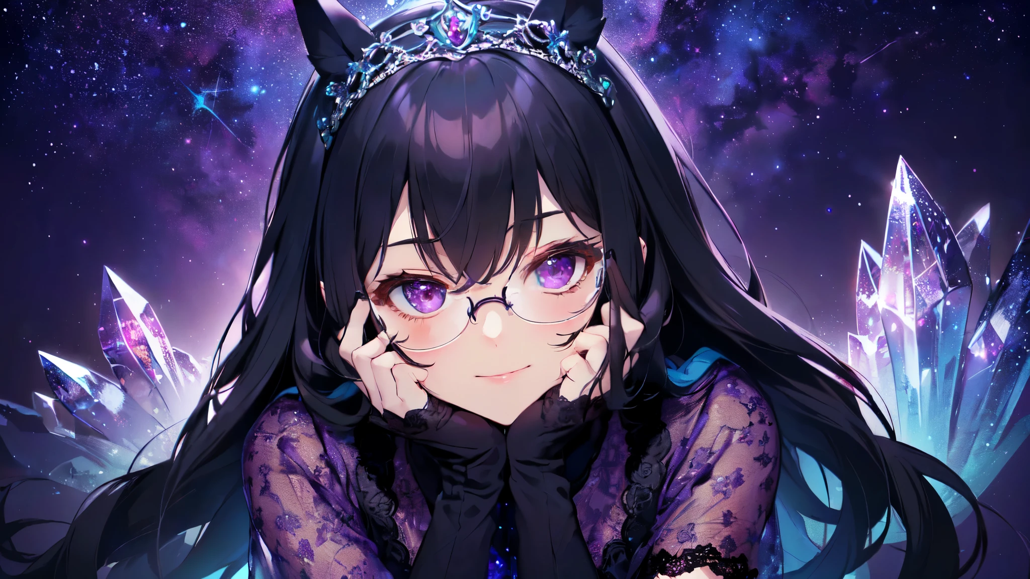 (Solo: 2). Girl. (Girl with horse ears: 1.5). (Girl with horse tail: 1.5). (Muscular girl: 1.5). (Full beautiful breasts: 1.5). (Black hair: 1.5). (Sitting torture: 1.5). (Hidden fingers: 1.5). (Hidden hands: 1.5). (Arms folded under breasts: 1.5). (Fancy blue sheer short sleeve lace dress: 2). (Wearing a big beautiful tiara: 2). (Beautiful sheer black gloves: 1.5). (Beautiful sheer black pantyhose: 1.5). (Glasses: 2). (Corset: 1.5). (Smiling and looking at the camera: 1.5). (2DCG). (Dark purple background. Lots of crystals. Starry sky: 1.5). Exquisite anatomy. (Amazing. High Quality. High Resolution) (Close up of upper body). (Center chest)