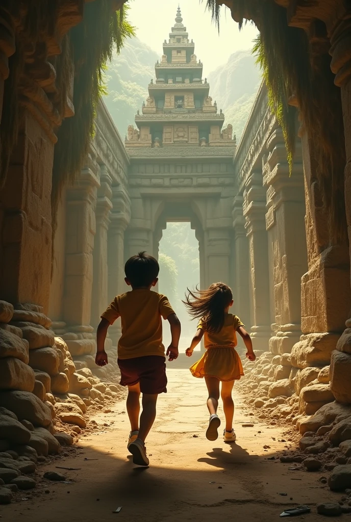 Two boys and a girl trying to escape from the temple trap