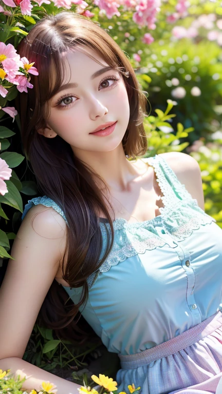 18 year old beautiful girl, Big eyes, Big Breasts, thin, 8k, highest quality, (Very detailed head: 1.0), (Highly detailed face: 1.0), (Very thin hair: 1.0), Maid clothes, High-resolution official artwork, Anime Moe Art Style, Beautiful and detailed anime art, smile, Blonde, Sleek Long Hair、((sitting on a chair with her back to the top of the mountain_with blue sky and white clouds，rays of sunshine:1.2)),((wearing Big floral mini dress:1.3))、(())