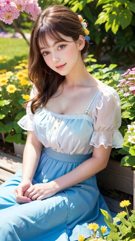 Masterpiece, Best quality, 8k, 18 ans, Photo brute, absurdes, Award-winning portrait, sourire, sourire, pure, french, blue elegant dress, blouse, spring, petite, orchard in bloom, 17th century, princess, retro , blue lingerie