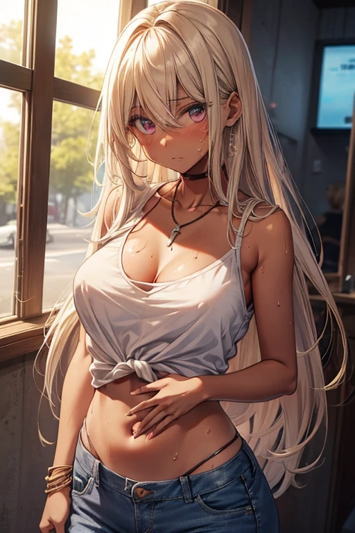 Pure white shirt,Blonde long hair,Small Bust,Cleavage,mini skirt,White panties