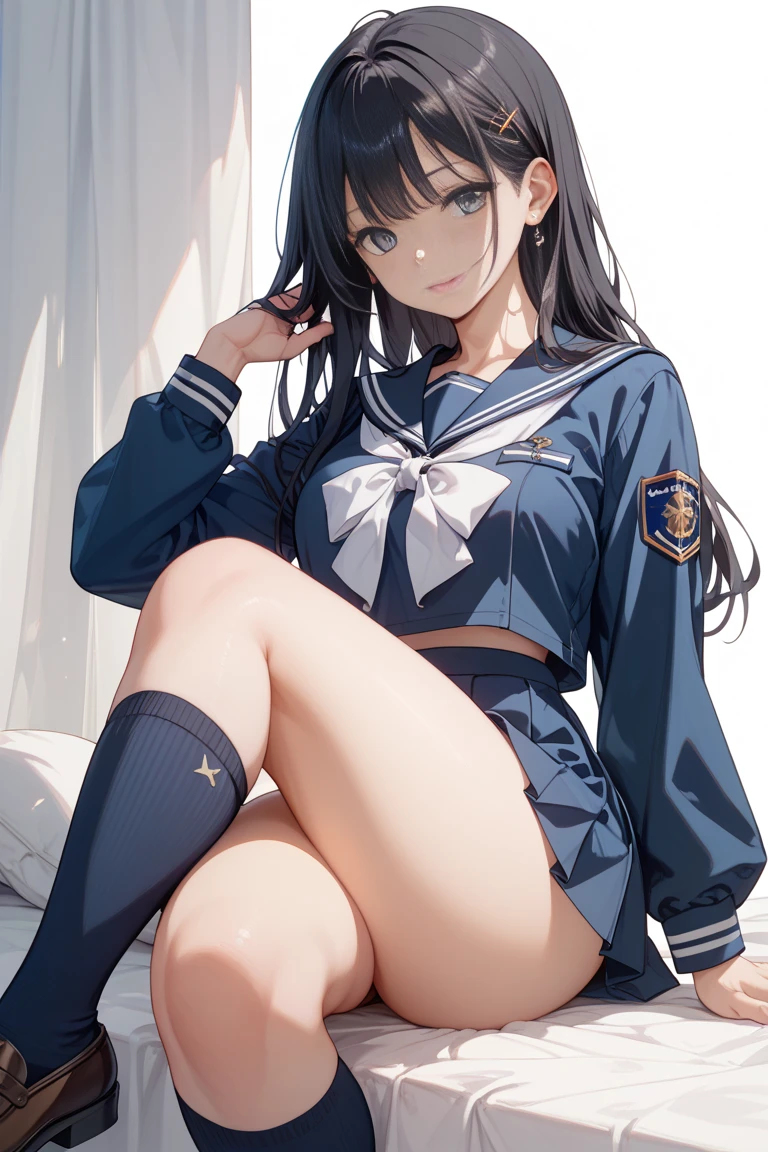 ((masterpiece,best quality)), highres, extremely detailed 8K wallpaper, depth_of_field, best shadow, (Colorful),(Delicate eyes and face), nice hand, Perfect hands, volumatic light, Ray tracing, BREAK
(1girl in), sixteen years old, hair: {Black hair, (Messy hair:1.2), Blunt bangs, long Hair, (Big hair:1.2)} Purple eyes, Sharp eyes, Big breasts, slender, skinny, Happy, blush, BREAK,
(wear white school uniform top over black playboy_bunny leotard:1.3), (sailor collar:1.5), (red tie:1.3), (fake animal ears), (Parted clothes at the top and bottom:1.2), (short sleeves:1.1), (black BunnyGirl Costume:0.8), (fishnet stockings:1.2), High heels, (rabbit_tail:1.2), BREAK,
Cowboy Shots, Looking at Viewer, stomach focus, inside the bar, Ultra detailed backgrounds,