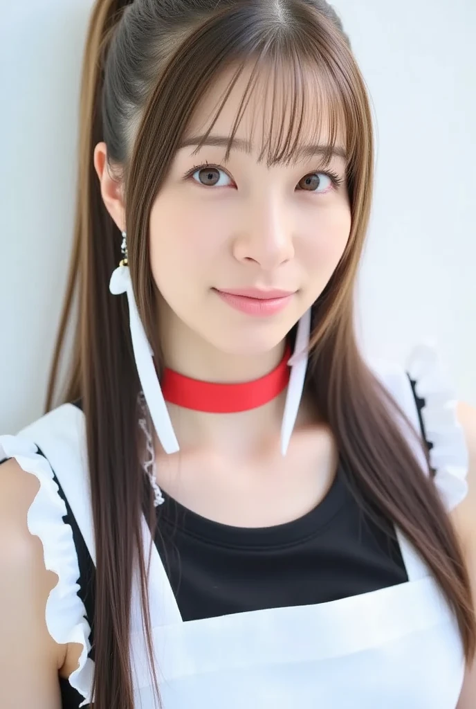 (8K、top-quality、masterpiece:1.2)、20 year old girl, Super long ponytail、Smiling, White tops&Please wear a coat, hair pin.a choker、(flat chest)、(Black background)