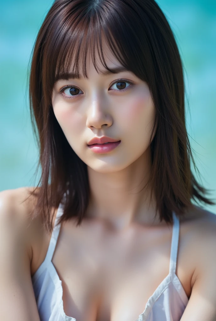 (upper body)、from front,(8K, original photo, highest quality, masterpiece: 1.45), (actual, lively: 1.37),1 beautiful girl、 (reality: 1.4), Japanese、asian beauty、super beautiful、beautiful skin、thin、(超reality的な)、(High resolution)、(8K)、(very detailed)、(Super detailed)、big eyes、brown eyes、long eyelashes、detailed face、gloss lip,bright lighting、professional lighting、looking at the camera、serious expression、look straight ahead、medium hair、brown hair、sea landscape、Nogizaka Idol、actress、20-year-old、big breasts、big breasts、wet skin、blue latex suit、cleavage cutout、baby face、Moisturized and realistic skin texture、moist lips、natural shadows、nsfw,Pose that emphasizes the chest、