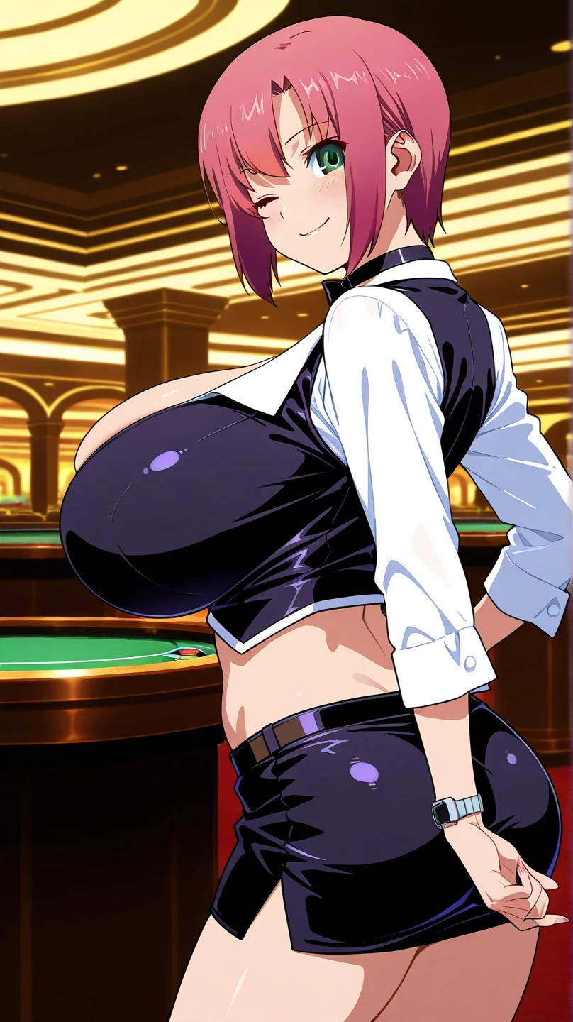 nsfw,Masterpiece、Cowboy Shot、One hand on hip、phsaber,Artoria、(Big Breasts)、((Big Breasts))、((smile))、((Completely naked))、((Purple sexy high leg panties))、Calm expression、(Close your mouth)、((Inside the casino))、Shiny Skin、Smile、Vivid Green Eyes、Big eyes、Detailed eyes、Toned thighs、Around 30 years old、Above the knee socks、Perfect Hands、Glamorous Girl、saber_fatestaynightufotable、