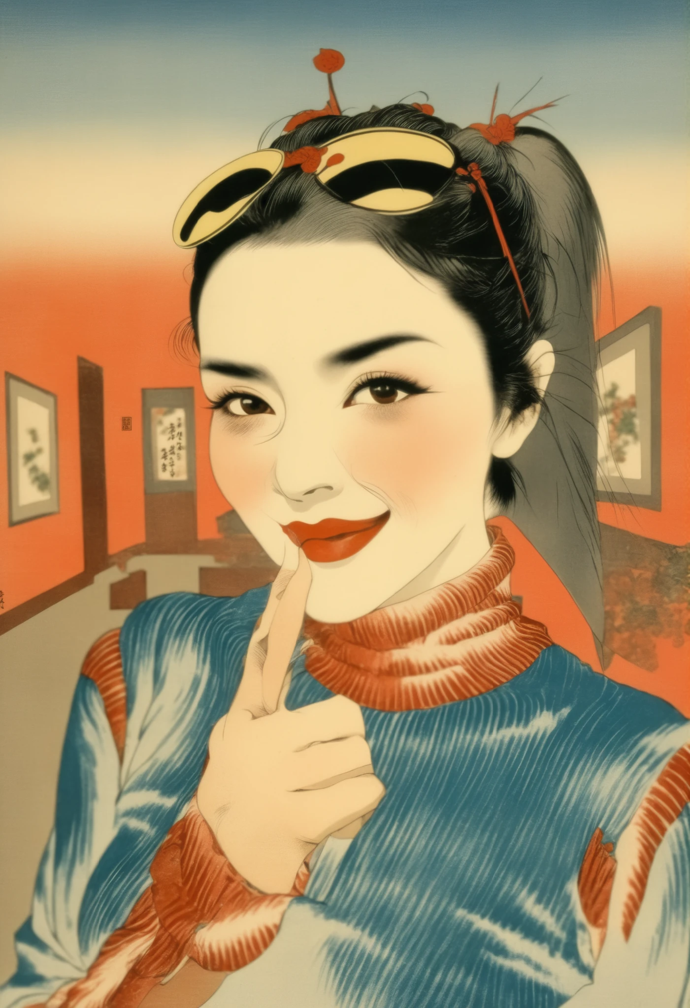 masterpiece, best quality, ukiyo-e:1.2, in hiroshige style, a beautiful 20s russian model, ultra detailed face