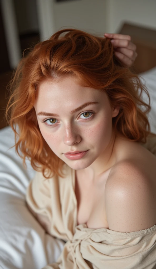 (Realistic:1.5), photorealistic, RAW photo, analog photo style, depth of field, ultra detailed photo of cute woman with messy ginger hair and opened white shirt, she just woke up and got out of bed, perfect body, 20 years old, she tilted her head but looking to camera, sexy, nude, pleasure, dinamic pose, sunny morning light, naturally cinematic colors