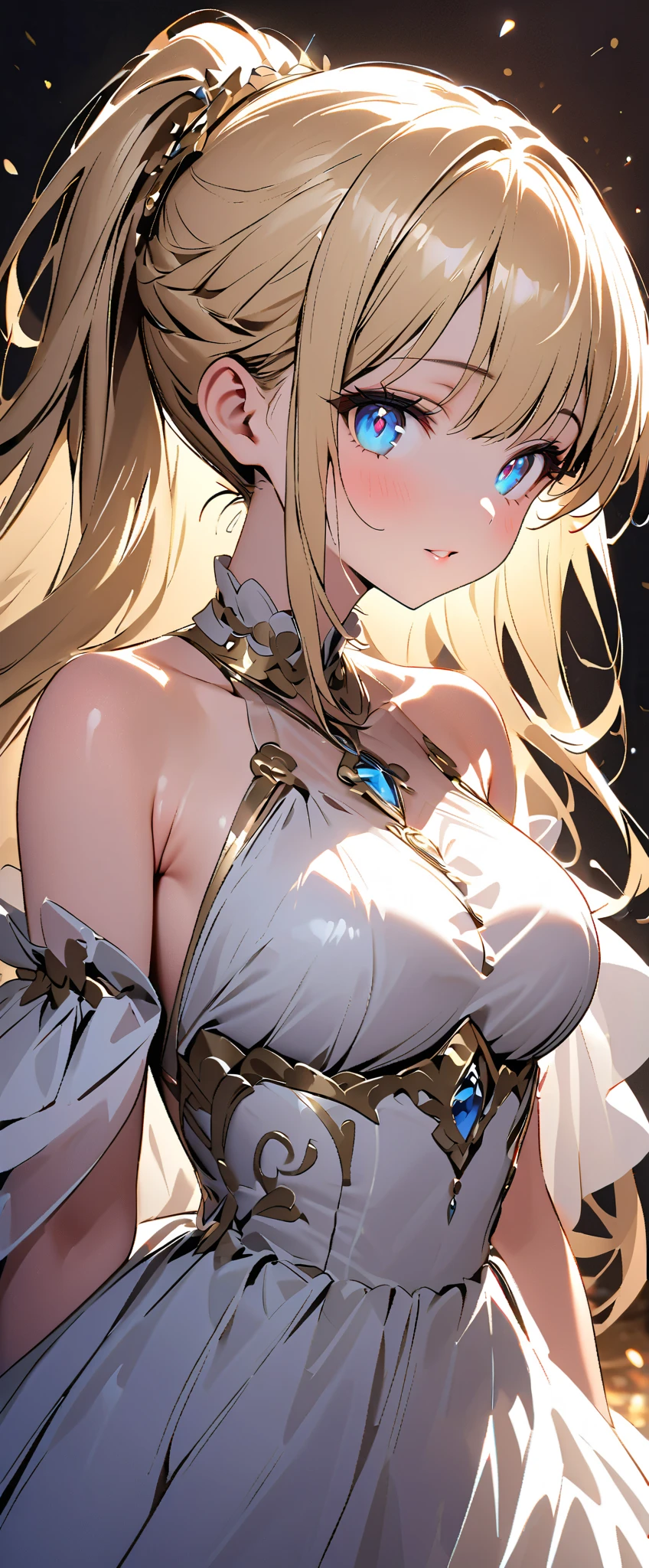 Blonde hair, blue eyes, Cerestia, big breasts, wearing white fabric, white background, front lighting