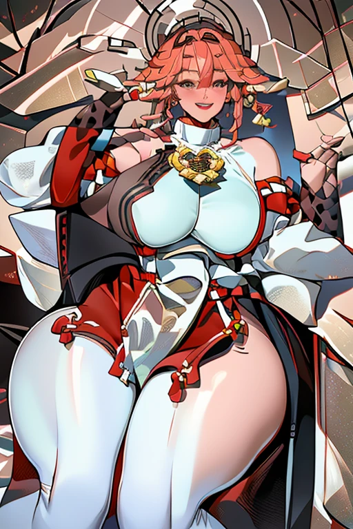 ((Highest quality)), ((masterpiece)), (detailed), Perfect Face、NSFW、Huge breasts、Squat、Leg spread、((M字Leg spread))、solo、From below the front、boudica、Ahegao、Fold your arms behind your head、Panty shot、Micro Panties-、
