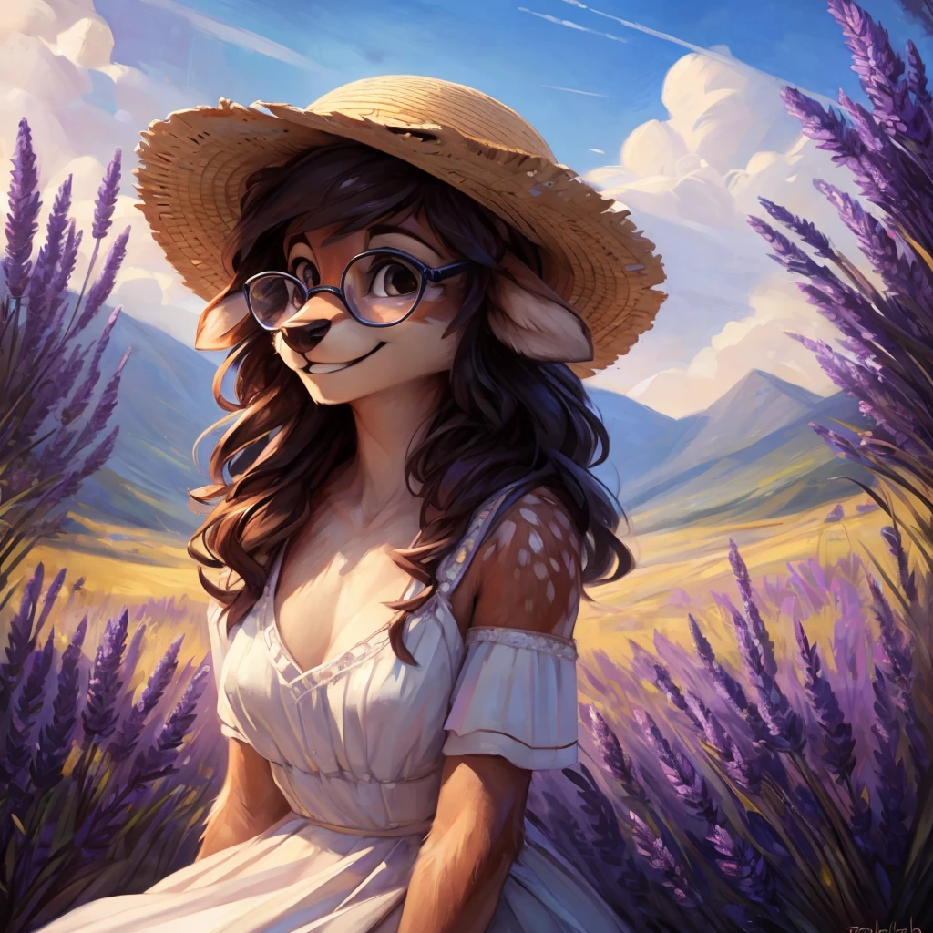 uploaded on e621, artstation, by Pixelsketcher, by Bayard Wu, by Thomas Benjamin Kennington , by Einshelm, by hioshiru and kenket, Chunie, portrait, solo anthro female deer doe, with small featureless breasts, clear dark blue, cinematic lighting, day, sunny day, lavender field, stays in a lavender field, lavender field background, mediterranean background, horizon background, shiny, short curly dark brown hair, wears big black nerd glasses, very very beautiful furry art, furry art, smiling, joyful, shiny, happy, feminine, cute face, muzzle, fluffy chest, flawless face, Fallow deer, 1girl, Sakimichan is beautiful, Masterpiece, Wavethesallow Face, shiny, Detailed image, portrait, Detailed image, portrait, full body, wearing pure white and wide spaghetti straps summer dress, wearing beige summer straw hat, shiny, realistic face, perfect anatomy, hourglass body, (furry body:1.1), anthropomorphic deer, looks at the viewer, small fluffy tail, detailed background, (cute anatomy:1.1), walks in a lavender field, a few cypress trees in the background
