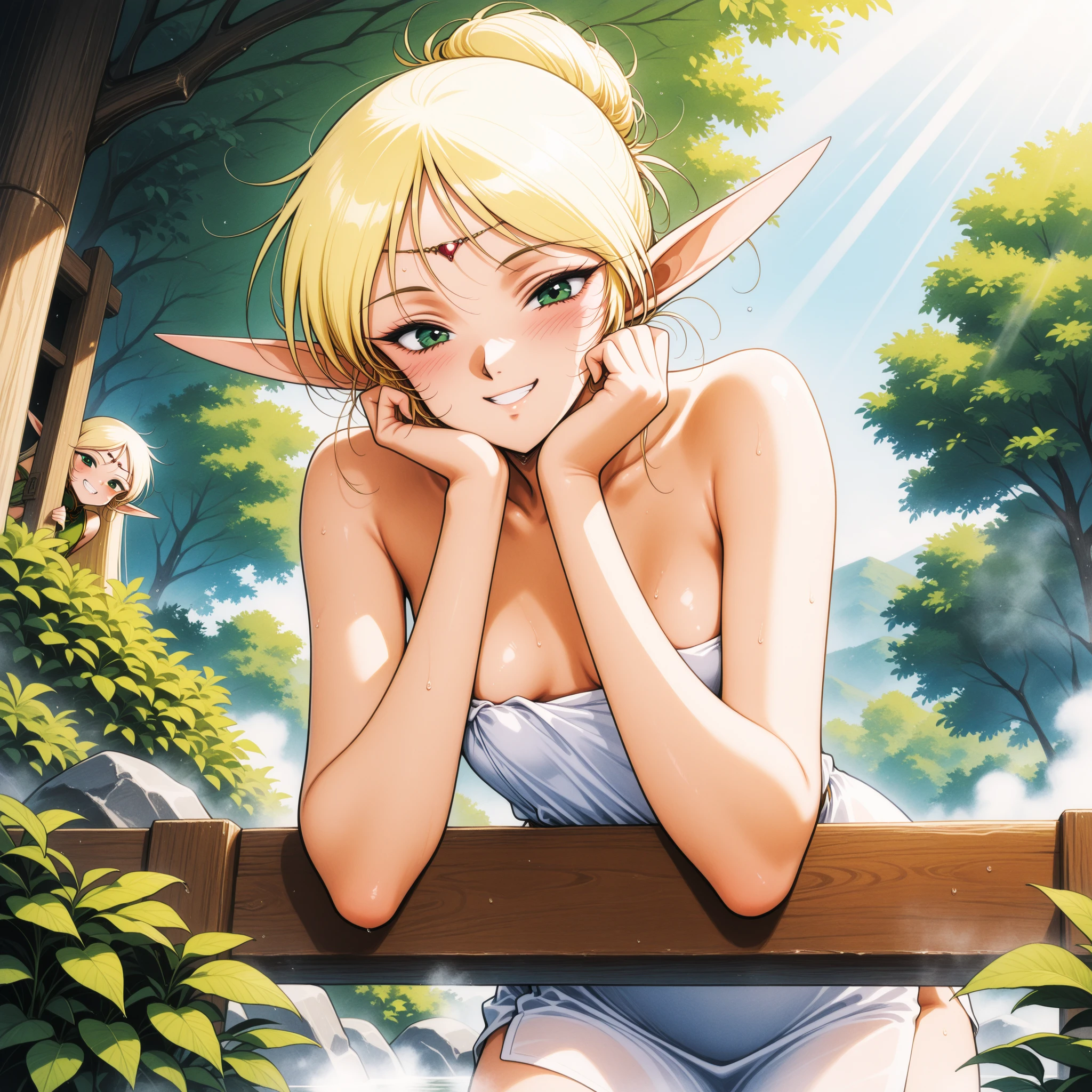 1girl, clover \(totally spies\), blonde hair, short hair, blue eyes,looking at viewer, large breasts ,nude, ,lips,light smile, nudity, upper body, nsfw, (masterpiece:1.4), (best quality:1.4), (high resolution:1.4), , breasts, nature, trees in background, outdoors, nude , nipples, nsfw,, looking at viewer, bathing in a hot spring, winter, snow, steam, relaxing, 1girl, solo, nude, smile