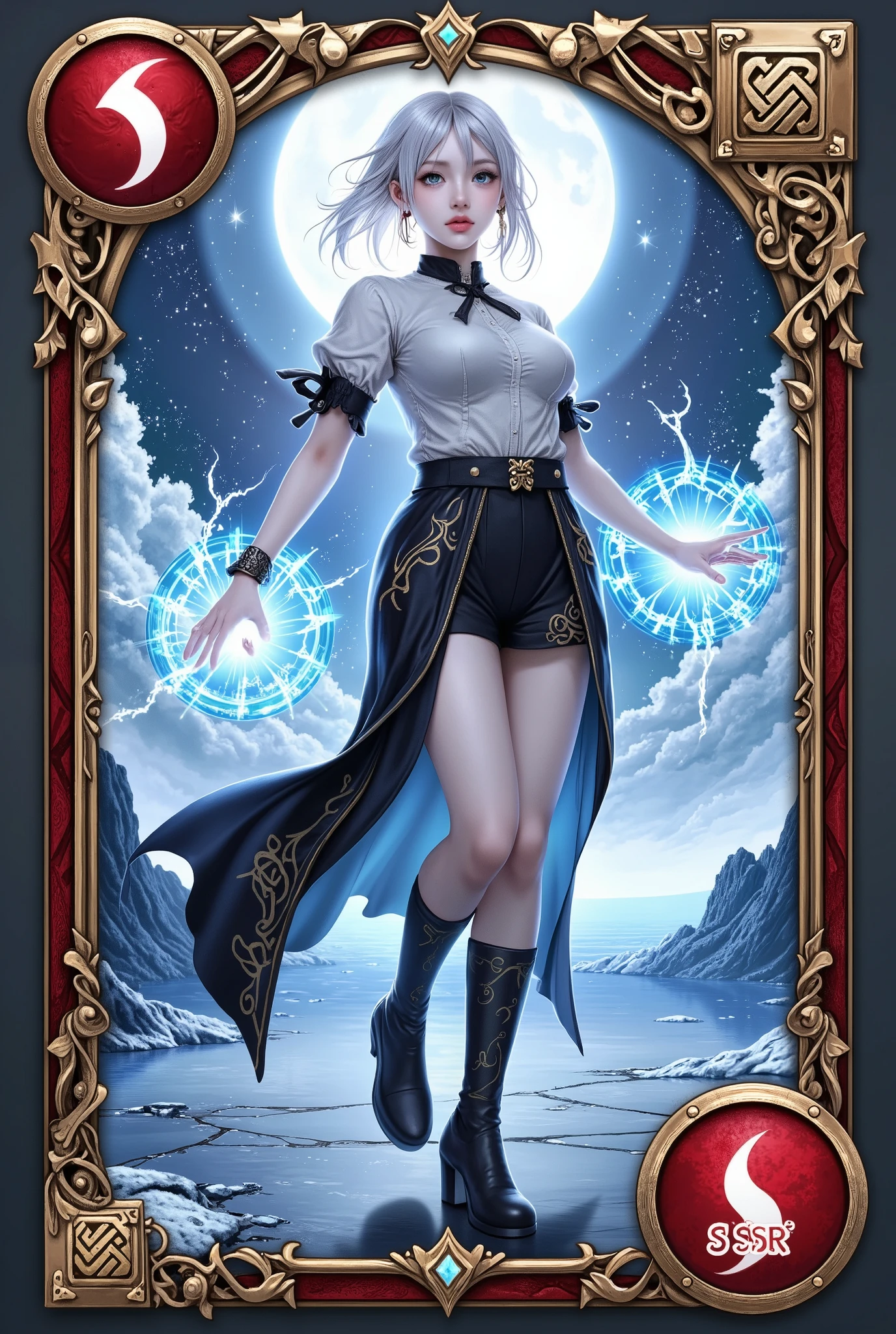high quality, 4k resolution, game-specific character card design, Knot Print Stance, gorgeous special effects surround, (((Gold red textured card border))), bronzing embossed text mark the character name, The background is a shattered starry sky, translucent energy shield special effects, epic lighting and shadow rendering, 80%The picture accounts for the main character, Delicate skin texture, Dynamic cloth fluttering, Female mage character,Characters Are Super Cool, The card in the lower right corner has a flashing level logo"SSR",Strongest Card Design