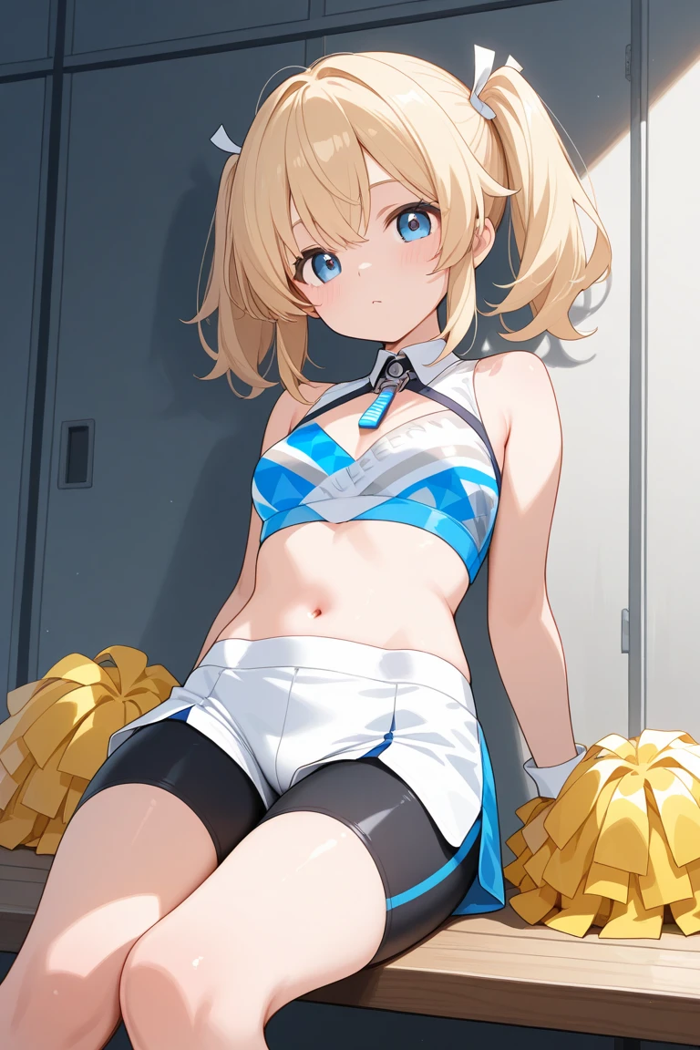 nsfw、BREAK Perfect Anatomy、Highest quality、(cute:1.1)、(cute)、(High resolution:1.2)、Unbelievably absurd:1.3、Incredible illustrations、(cuteイラスト:1.2)、Beautiful background(foreshortening)、(1 girl) 、solo)、(10th Generation、JK、 face、Small breasts:1.2)、 Blonde hair and blue eyes, Long twin tail hair,Dark Skin 1:2, Cute Hips, slender、evil grin,(Sleeveless sailor shirt、mini skirt、Micro Shorts、(cameltoe),White garter stockings、、Pom-pom),armpit、standing split legs、cheerleaders cheering