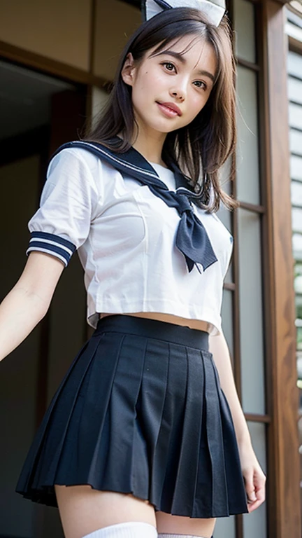 One incredibly cute girl,Super cute 16 year old girl、White skin、(Wearing a sailor uniform)、simple back ground,Upper Body,close,smile,, (8k, RAW Photos, highest quality, masterpiece:1.2),(Realistic, photo-Realistic:1.37),Pull up your skirt、Panties are visible、
