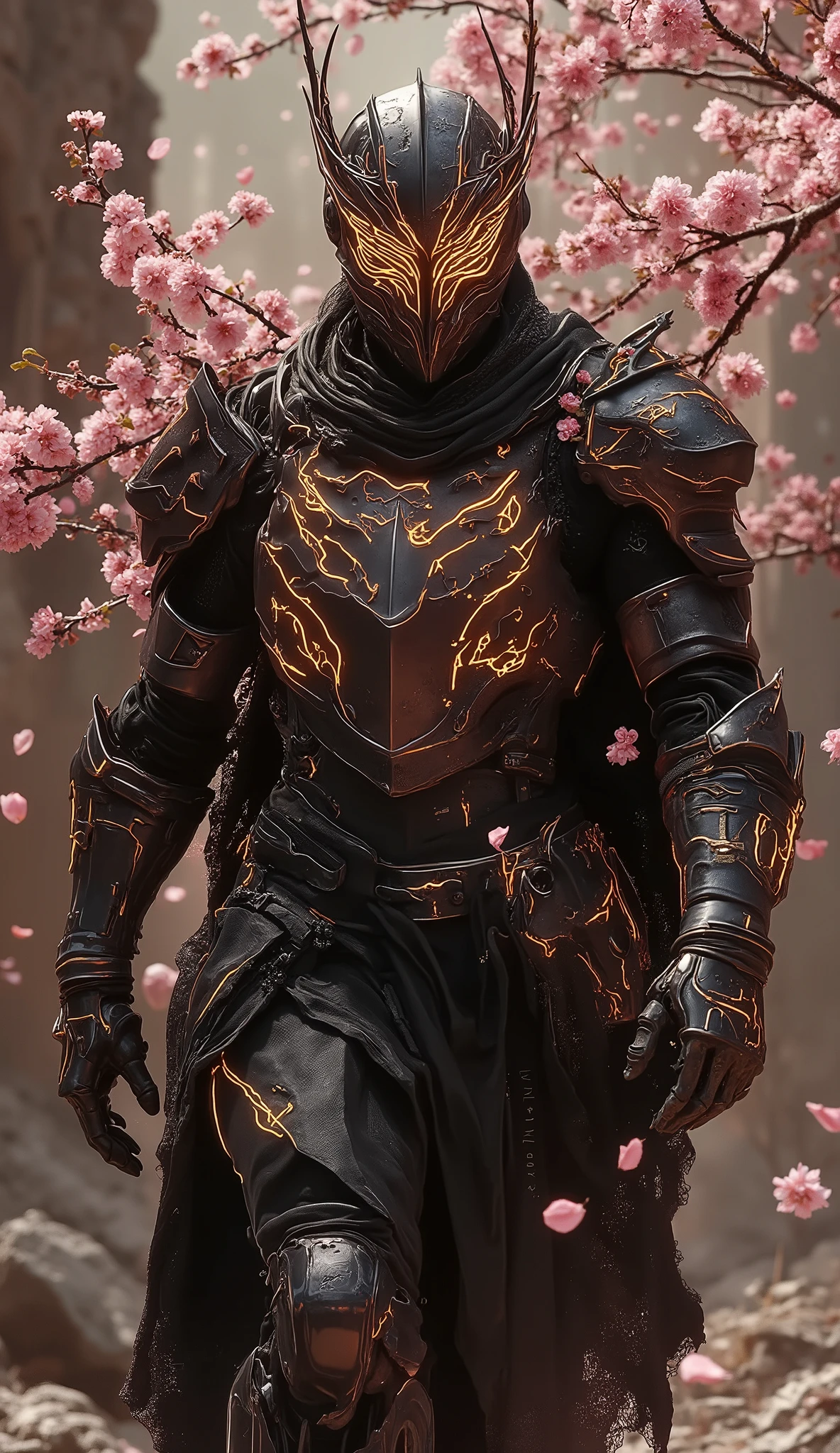 **Prompt:**  

*"A breathtaking, hyper-realistic 8K ultra HD cinematic render of a **Flower-Wise Night Warrior** clad in **futuristic full-body armor**, seamlessly fused with **ethereal cherry blossoms**. The warrior strides forward under the golden light of day, their **sleek, biomechanical armor** adorned with **delicate pink cherry blossom petals**—some embedded like living engravings, others floating in the air as if carried by an unseen wind. The helmet is a masterpiece of **hard fantasy design**, with a **translucent visor lined with glowing cherry blossom patterns**, revealing a piercing gaze beneath.  

The armor combines **sharp, angular plating with organic floral motifs**—**thorn-like protrusions** wrap around the limbs, while **luminescent cherry blossom vines** pulse with soft energy across the chest and shoulders. Sunlight catches every intricate detail: the **textured metal, the semi-transparent petals fused into the armor, and the subtle glow of bioluminescent veins**.  

The warrior walks through a **sun-drenched battlefield of ancient ruins**, where cherry blossom trees grow defiantly among shattered stone. Pink petals drift through the air, contrasting against the warrior’s **dark metallic hues (gunmetal black with rose gold accents)**. The scene is **cinematic and immersive**, with **volumetric god rays, atmospheric haze, and ultra-fine details**—from the **individual stitching on the armored cape** to the **reflective sheen on each petal**.  

**Mood:** Awe-inspiring yet serene—like a **silent guardian of nature and steel**. The blend of **futuristic warfare and delicate blossoms** creates a striking, almost poetic contrast."*  

### **Optional Enhancements:**  
- **"Add a trail of floating cherry blossoms that react to the warrior’s movements, swirling like a living aura."**  
- **"The armor’s petals slowly regenerate as if alive, symbolizing resilience."**  
- **"A massive cherry blossom tree in the background, its roots intertwined with broke
