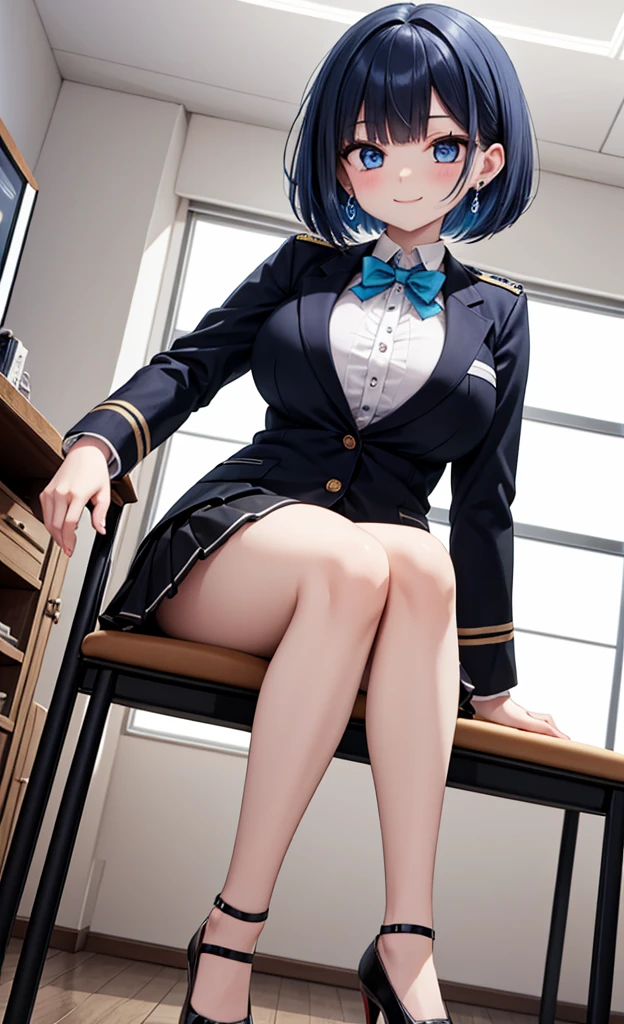 (masterpiece, 4K resolution, ultra-realistic, Very detailed), girl、Rem from Re:Zero、Huge breasts、Close to a blazer、Sit on a chair、classroom、smile、Light blue hair、Shortcuts、Brown eyes,holding panties,presenting panties,Perfect Fingers、tie,white panties、pussy