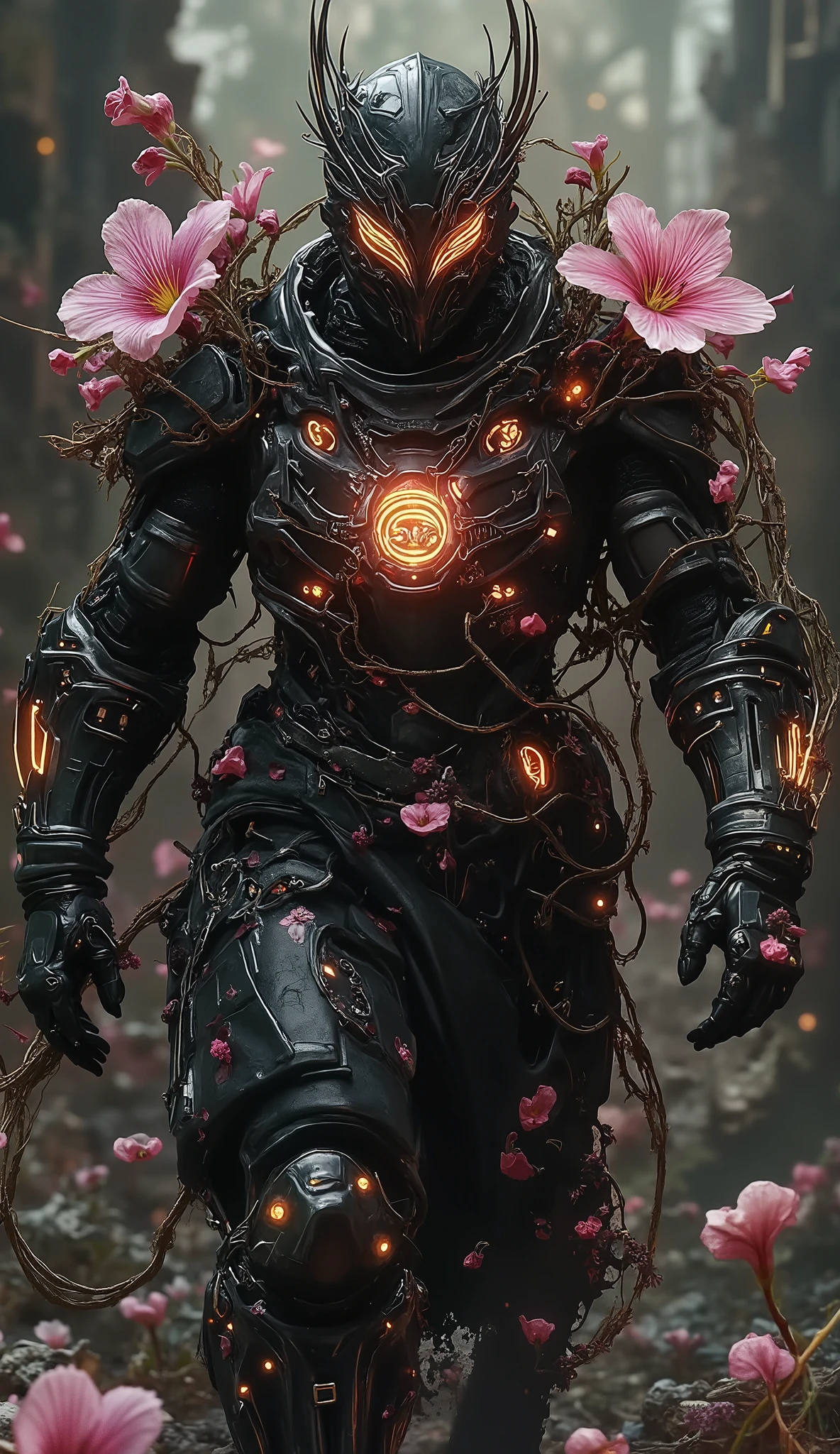 **🌟 ULTRA-DETAILED CINEMATIC PROMPT 🌟**
**"A breathtaking 8K ultra HD render of a *Flower-Wise Night Warrior* striding through an overgrown battlefield at golden hour, their biomechanical armor fused with *bleeding heart flowers* in a stunning hard fantasy fusion. The warrior's obsidian-black exoskeleton is interlaced with pulsating vine-like circuits, while delicate *bleeding heart blossoms* grow directly from the armor's seams - their pink-and-white droplet-shaped petals glowing with bioluminescent veins. The helmet features a razor-sharp mandible design with transparent panels revealing floating flower petals suspended in liquid nutrient gel, the warrior's piercing eyes visible behind a HUD display of scrolling botanical data.
Every component tells a story of symbiosis:
- **Gauntlets** sprout thorned bleeding heart vines that twine around plasma blades
- **Pauldrons** bloom with armored flower pods that open defensively
- **Chestplate** has a massive central blossom whose petals peel back like reactor vents
- **Boots** crush ancient bones underfoot, making new flowers bloom in their footprints
The environment is a surreal mix of nature and ruin - shattered war machines covered in luminous moss, crumbling stone pillars wrapped in glowing vines, and thousands of floating petals caught in golden sunbeams filtering through dead trees. Hyper-realistic details include:
✓ Individual water droplets on petals
✓ Scratches on armor revealing biometal layers beneath
✓ Subtle heat distortion from shoulder-mounted energy cores
✓ Photorealistic subsurface scattering on flower petals
Mood: A tragic beauty - the last guardian of a dead civilization, their armor blooming with the very flowers that now reclaim the world. Cinematic composition with dramatic depth of field, volumetric god rays, and a color palette of gunmetal blacks, biotech teals, and soft floral pinks."**
**Optional Enhancements:**
- *"Add a swarm of petal-drones forming a living