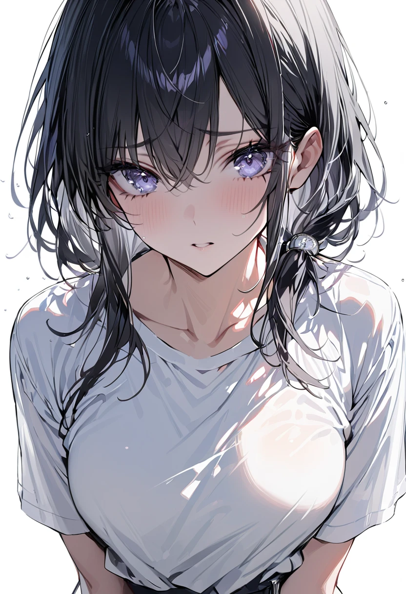 nsfw,1 girl,face focus,Androgynous,tan,tanlines,downblouse,upper body, Brat,masterpiece,best quality,very aesthetic,absurdres,light Areola,skin,extended_downblouse, frontbend,White shirt,(Leaning forward),over shirt