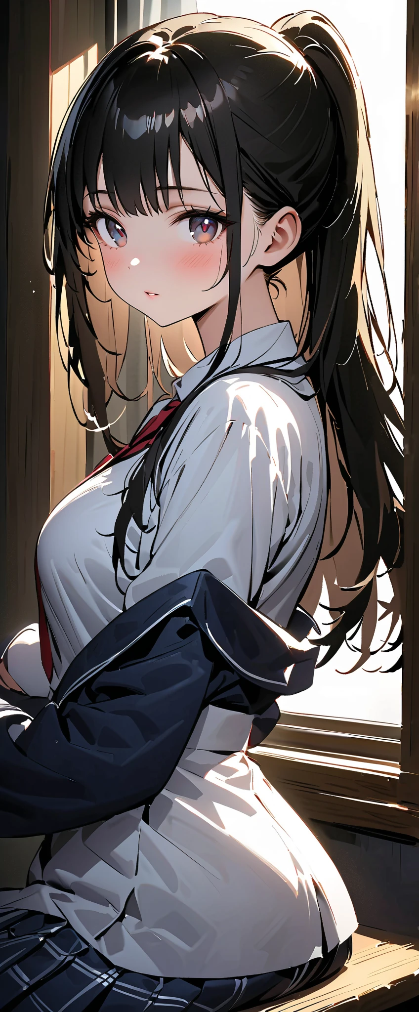 highest quality、best image quality、masterpiece、table top、elaborate design、visual art、 (table top, highest quality, High resolution, , perfect pixel, 4k,), 1 girl, single, alone, Beautiful woman、I could see the whole body, ((detailed face, blush:1.2)), dynamic angle, perfect body,
((long hair:1.9, black hair:1.6)), (flowing bangs, golden eyes, long eyes:1.4, small eyes, long eyelashes), (big breasts:1.4),
((fine fabric texture, light brown cardigan vest:1.4, Light grey pleated skirt, white collared shirt, dark red tie:1.3)),
(beautiful scenery), daytime, (school classroom), Are standing, (closed mouth),