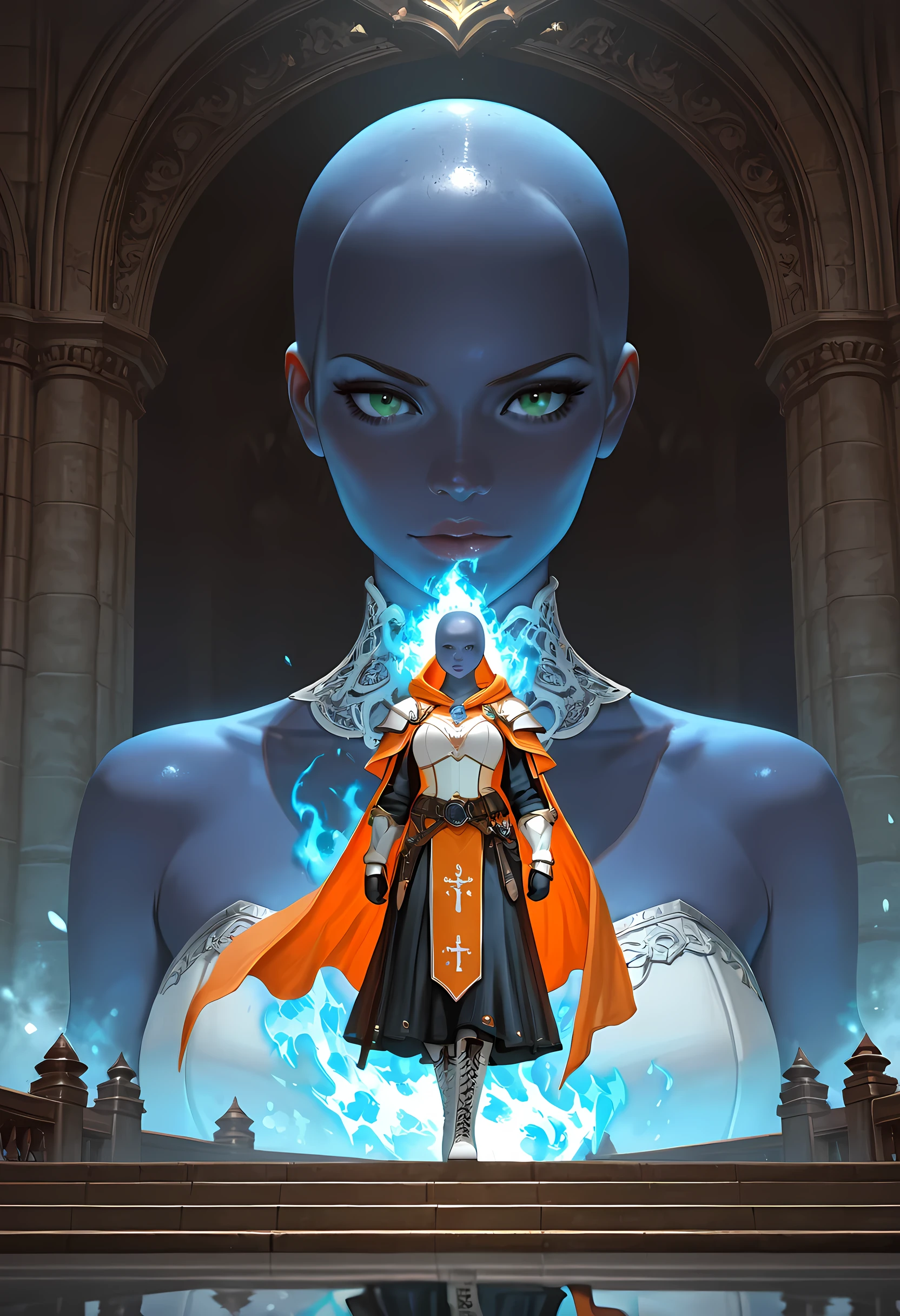 picture of a female cleric ((dark blue skin: 1.5)), intense details facial details, exquisite beauty, cleric, (dark blue skin: 1.5)) female, ((bald)), (((no ears: 1.5))), (green eyes: 1.3), armed with a fiery sword red fire, wearing (twilight priestly combat vestments: 1.5), wearing white armor, wearing high heeled laced boots, wearing white armor, wearing an (orange cloak:1.3), wearing glowing holy symbol, fantasy art, dnd art, RPG art, wide shot, (masterpiece: 1.4) intense details, highly detailed, photorealistic, best quality, highres, within fantasy temple background, reflection light, high details, best quality, 16k, [ultra detailed], masterpiece, best quality, (extremely detailed), close up, ultra wide shot, photorealistic, RAW, fantasy art, dnd art, fantasy art, realistic art,((best quality)), ((masterpiece)), (detailed), perfect face, strapless, lace up stilettos, fantasy, Cinematic Shot, Aesthetic_PDXL