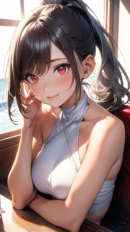 Photo of a woman with natural skin, Upper Body, Dynamic pose, Smiling, High Twintails, Black hair with red mesh, Sharp eyes with red eyeshadow, Shining eyes, A thin, upturned nose, Well-shaped lips, ((Black off-the-shoulder dress, Shoulder straps)), Big Breasts, barefoot, Makeup, Exquisitely crafted with the utmost attention to detail, Vibrant, amazing, Smooth, Cinematic, 4K, Backlight, ((A wide grassland with a beautiful starry sky)), Shallow depth of field, ((Detailed eyes:1.3, Detailed lips:1.3, high quality, )), masterpiece, Super detailed images, High quality