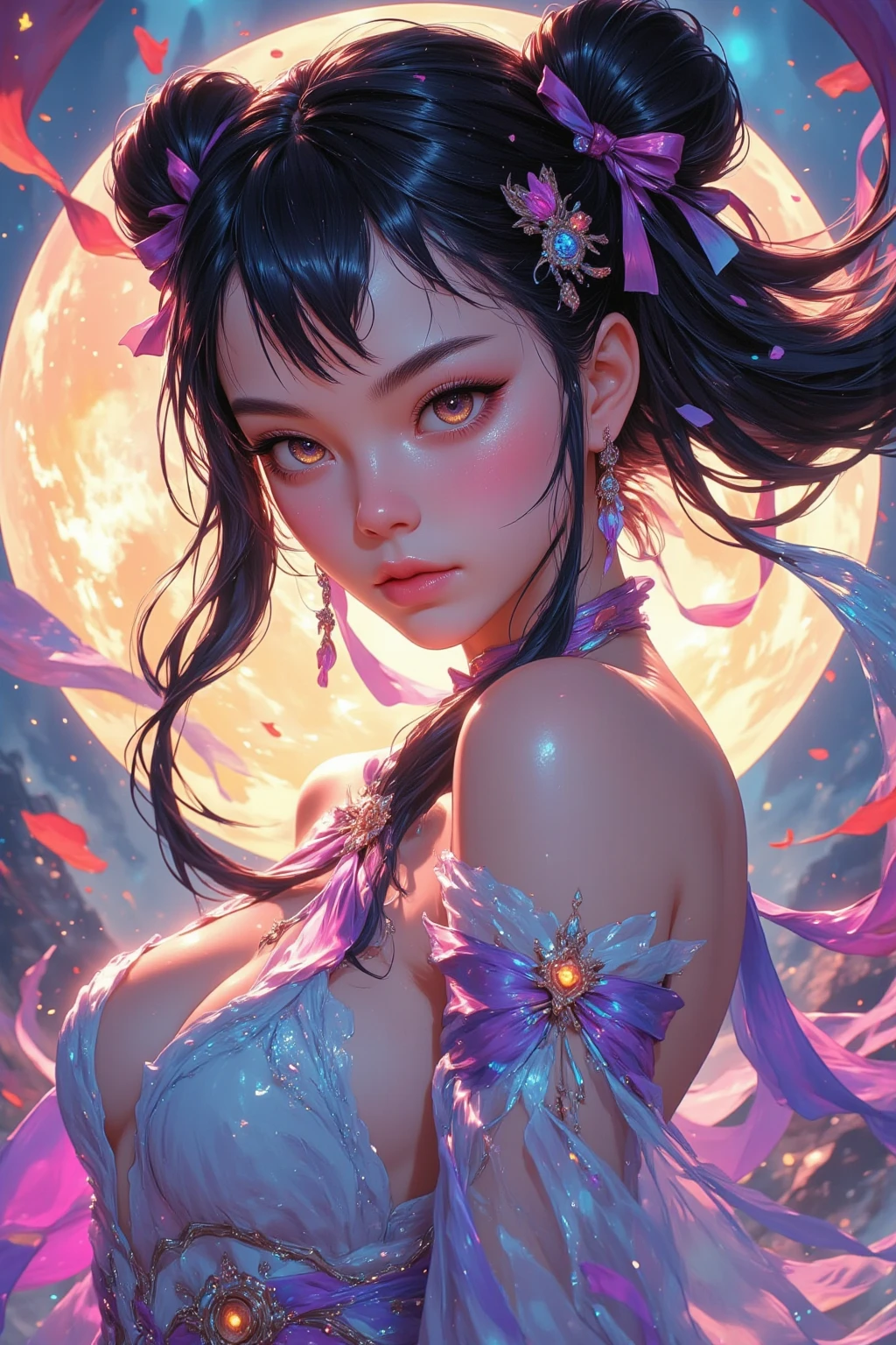 Complex and delicate curves of a 16 year old Asian woman with long red hair, oval face with high cheeks, large brown eyes and pink lips, her top gently hugs her small breasts, slim waist and slender figure, a beautiful anime waifu style girl, Ultra-detailed, detailed moonlight eyes, cherry blossoms and butterflies blowing in the wind, psychedelic cosmic dreamlike aesthetic atmospheric background, hyper-detailed painting, luminous bio-luminescence, intricately detailed, awesome full color, ethereal background, abstract beauty, golden ratio, concept art, intricate details, high resolution, sharp focus, intricate details, highly detailed, nostalgia, romantic, 64k, award winning illustration, realistic light, ultra-detailed, high quality concept art, inspired by Daiqing Tana and Haya, inspired by Cave of 1,000 Buddhas and Taoist mythology, inspired by Alphonse Mucha style with art nouveau elements.