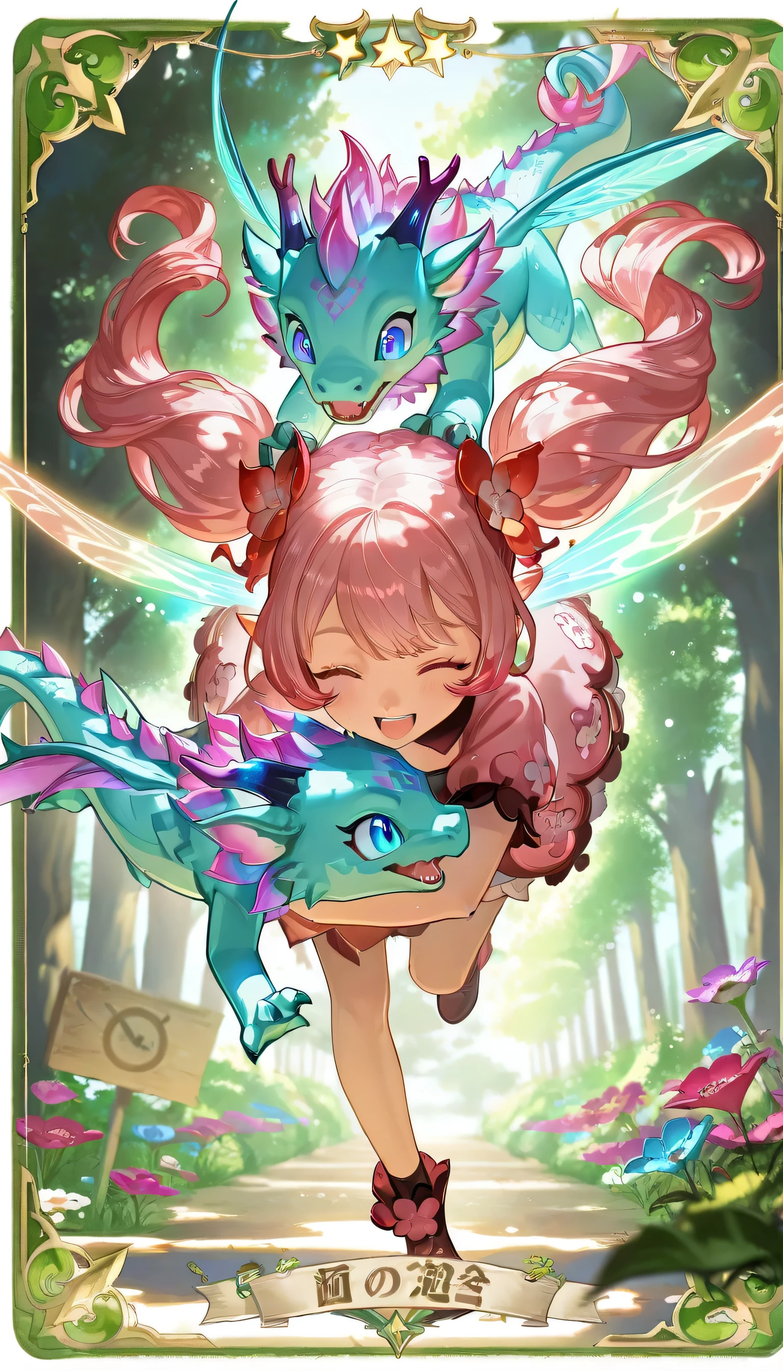 1girl,twin pony Tails,pink hair,(playing with baby dragon),In magical meadow, pallete color,best quality,4k,masterpiece,ultra-detailed,realistic,HDR,UHD,studio lighting,vivid colors,fairy fantasy landscape,whimsical,magical,enchanted,lush greenery,colorful flora,glowing light,mystical atmosphere,sharing a happiness, dynamic view, heartwarming, masterpiece, Sharp focus, HD, depth of field,big smile, running, happy face,(Trading card games), sign,(Power 800),