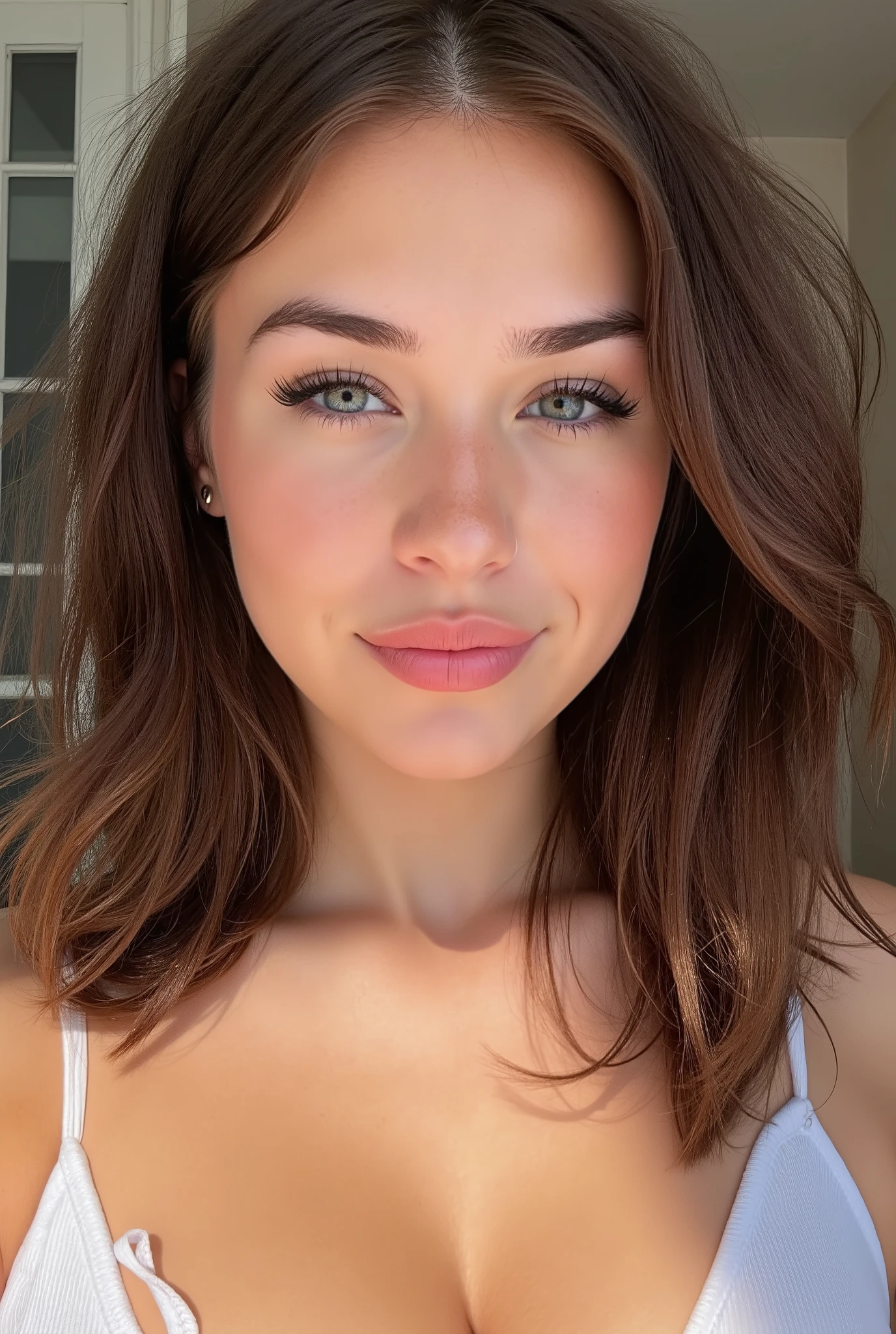 amateur cellphone photophy of a stunning 23-year-old Caucasian woman with delicate, soft facial features. Fair, smooth, clear skin with a natural healthy glow. Large, light grey eyes with long dark lashes and subtly arched brows. Full, plush pink lips and a slim, slightly upturned nose. Medium-length dark brown wavy hair which reaches till her shoulders, softly framing her face with gentle, light bangs. Youthful, tender, and cute expression in daylight, noise, jpeg artefacts, poor lighting, low light, underexposed, high contrast
