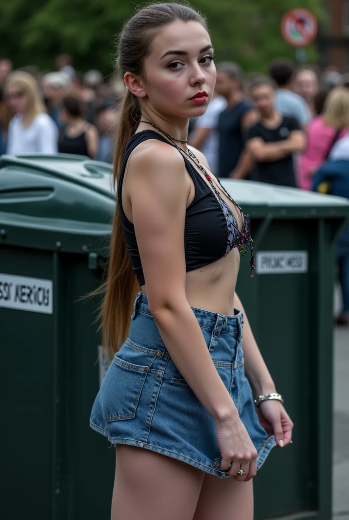beautiful seductive teenager, blond hair, braids, perfectbody, slim waist and thick hips, showing her pert ass, props,bracelete, bracelet, 耳环, collar type necklace, rings, perfect ass. LOCATION germany, glasses, rave, crowd, nude people, VolksWagen, beer, hot dog
