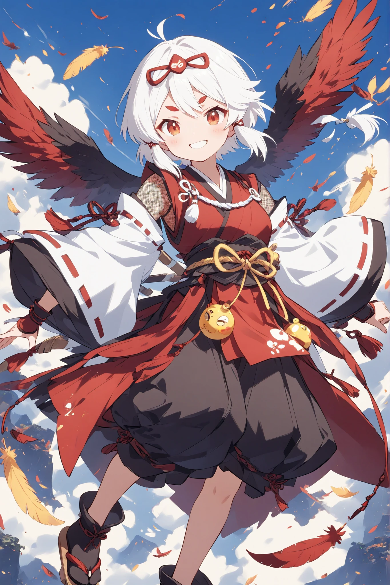 thin and soft painting style 、Tengu girl、Sky Dog Decoration、Tengu Outfit、Tengu feather、Tengu clogs、Red eyebrows、white hair、red mesh、yellow porn、squint、boyish、smile