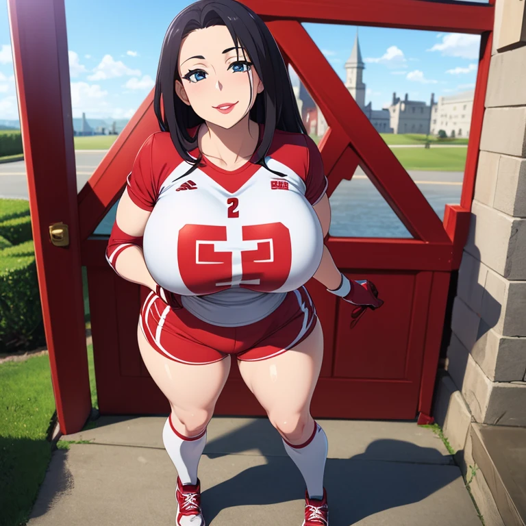 ((Best quality, 8K, masterpiece:1.4)), Anime style, full body, beautiful Soviet girl, long straight dark brown hair in a neat braid, large expressive deep blue eyes, tall and athletic with curvy figure, ((very large breasts:1.5)), wide hips, narrow waist, prominent round buttocks, ((sporty and revealing patriotic outfit:1.3)), tight red and white crop top with Soviet emblem, short athletic shorts with red and white stripes, red headband, Soviet military medals, confident and proud expression, standing with strong and confident posture, showing right side to viewer, right hand on hip, holding Soviet flag in left hand raised high, looking straight at viewer, detailed background with Red Square, Kremlin, and St. Basil's Cathedral, vibrant and bustling scene, patriotic atmosphere.
