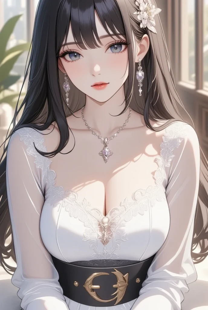 ((Beautiful face)), extremely delicate facial,the creamy smooth skin,Masterpiece, 1girll, Best quality, 超高分辨率, (Photorealistic:1.4),full_Body,,tender shining,amazing scene lighting,(be in class), ((black off the shoulder dress)),Look at the audience,necklace，huge tit