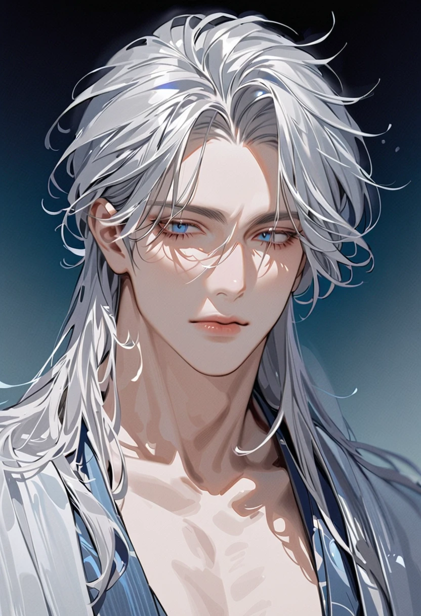 high quality, 8k, Ultra detailed, hdr, human only, studio light, Masterpiece, front of a face, Handsome face, Focus on your audience, handsome man, white hair, azure big beautiful blue eyes, closed mouth, messy hair, dynamic pose realistic, detailed and correct facial structure, pomade hair style