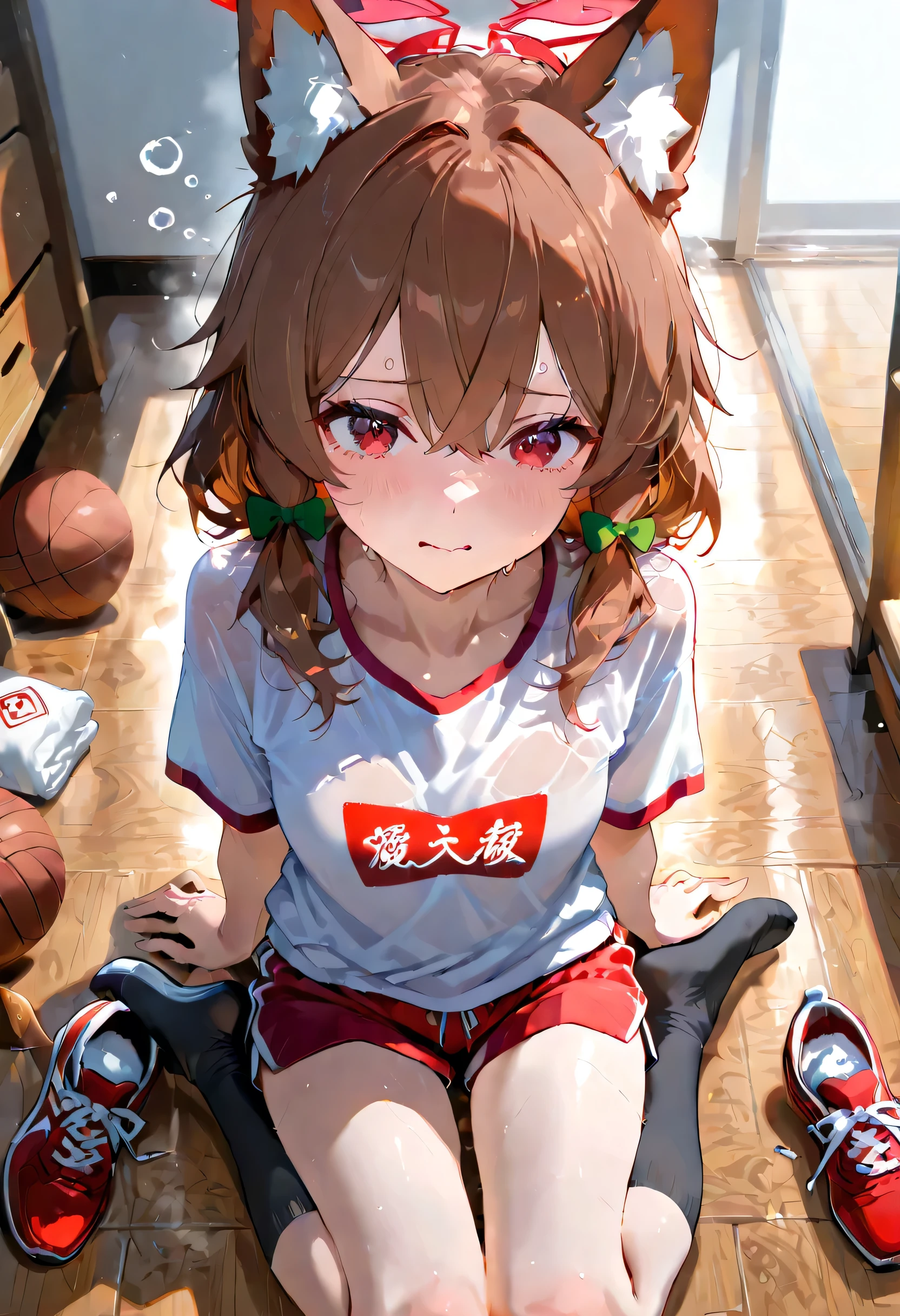 Masterpiece, highly detailed anime illustration of an exhausted brown-haired character with animal ears and green bow, sitting on wooden floor, wearing white t-shirt with red trim, red gym shorts, black knee socks and red shoes, flushed face with sweat droplets, tired expression, subtle steaming effect, soft lighting, clean linework, anime style, professional digital illustration, high quality render