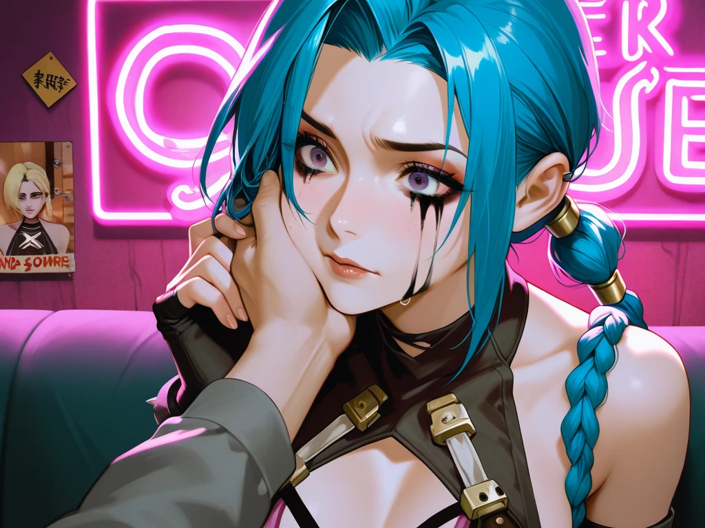 (Graffiti-covered urban alley background:1.2), (blouse:1.2, (Posing as if singing into a microphone :1), masterpiece,best quality,1girl,yellow eyes,large breasts,long hair,blue hair,hair between eyes, necklace, <lora:Kalawarner-002:0.8> (naughty_face face)
