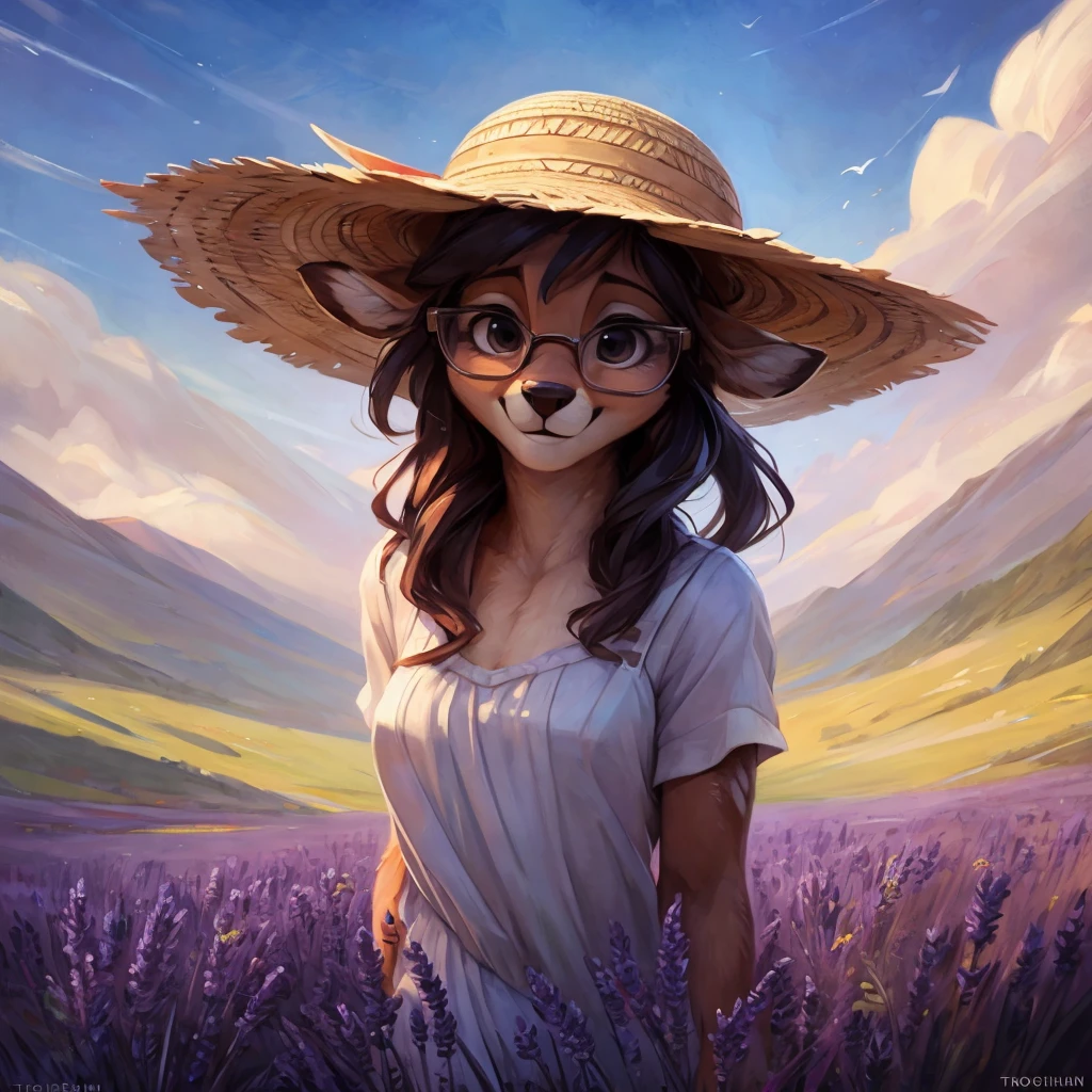 two female furries, anthropomorphic, in grass field, late afternoon, long dress, flashing pussy, tan fur, posing for image, being flirty, happy pose, looking to the side, detailed face, village in distance, lake, fisher, in the style of greg rutkowski, masterpiece, best quality
