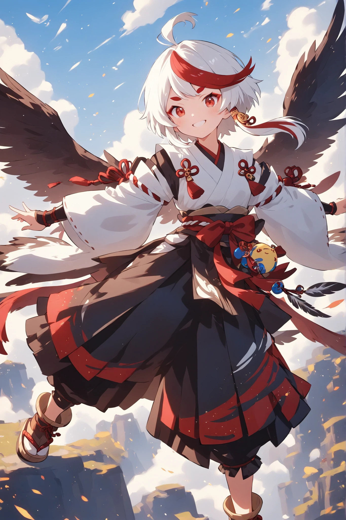 thin and soft painting style 、Tengu girl、Sky Dog Decoration、Tengu Outfit、Tengu feather、Tengu clogs、Red eyebrows、white hair, highlights hair, red streaked hair、yellow porn、squint、boyish、smile