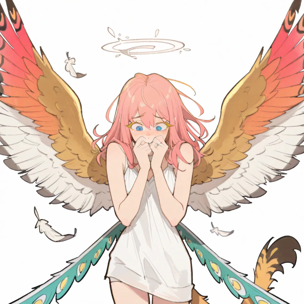 in yusuke murata style, Hold the pose, but draw with flat colors, cel shading, limited color palette and simplified lighting. sexy body divine being without face or clothes, angel wings and several eyes.