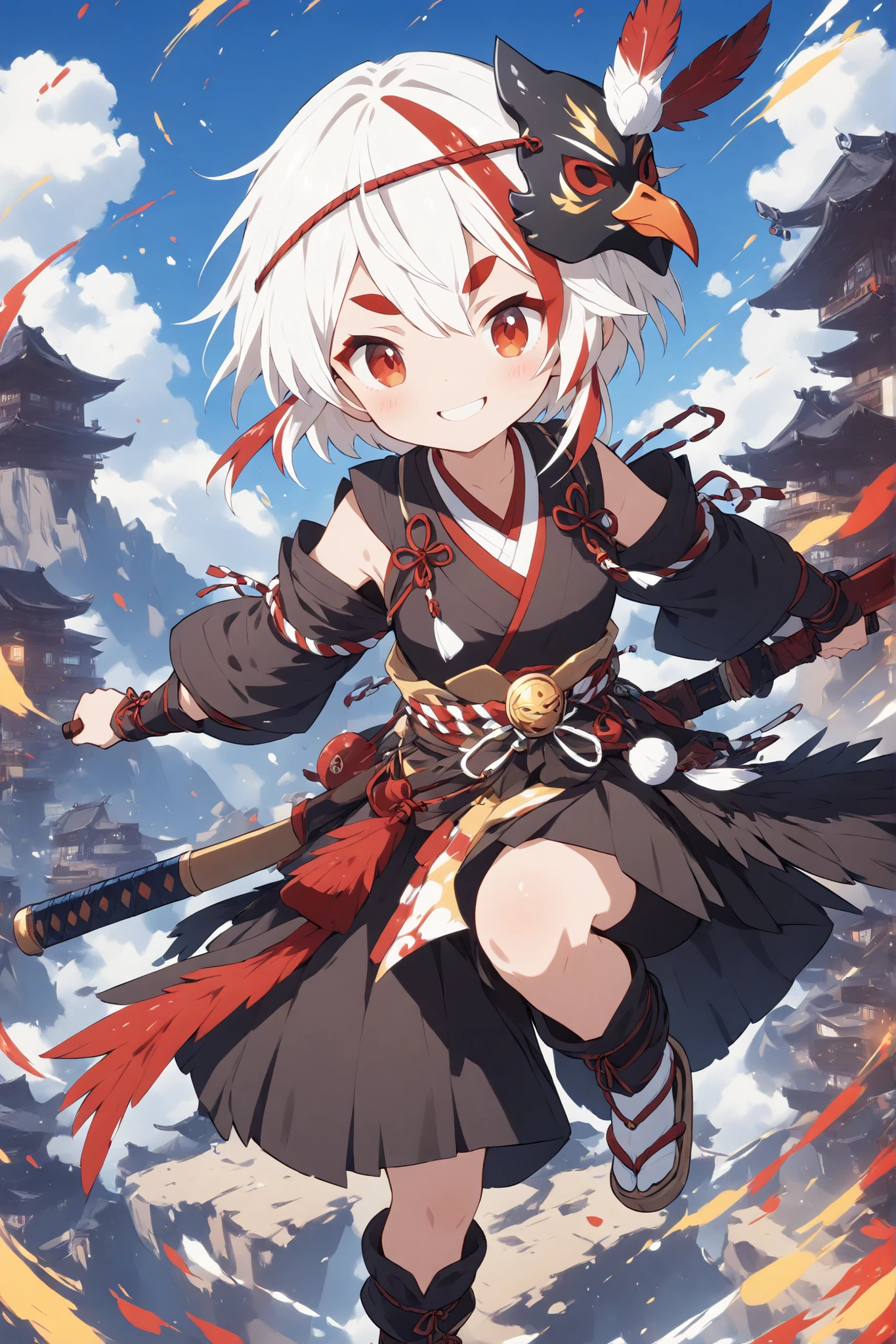 thin and soft painting style 、Tengu girl、Sky Dog Decoration、Tengu Outfit、Tengu feather、Tengu clogs、Red eyebrows、Mask of a tengu on the head、white hair, highlights hair, red streaked hair、yellow porn、squint、boyish、smile