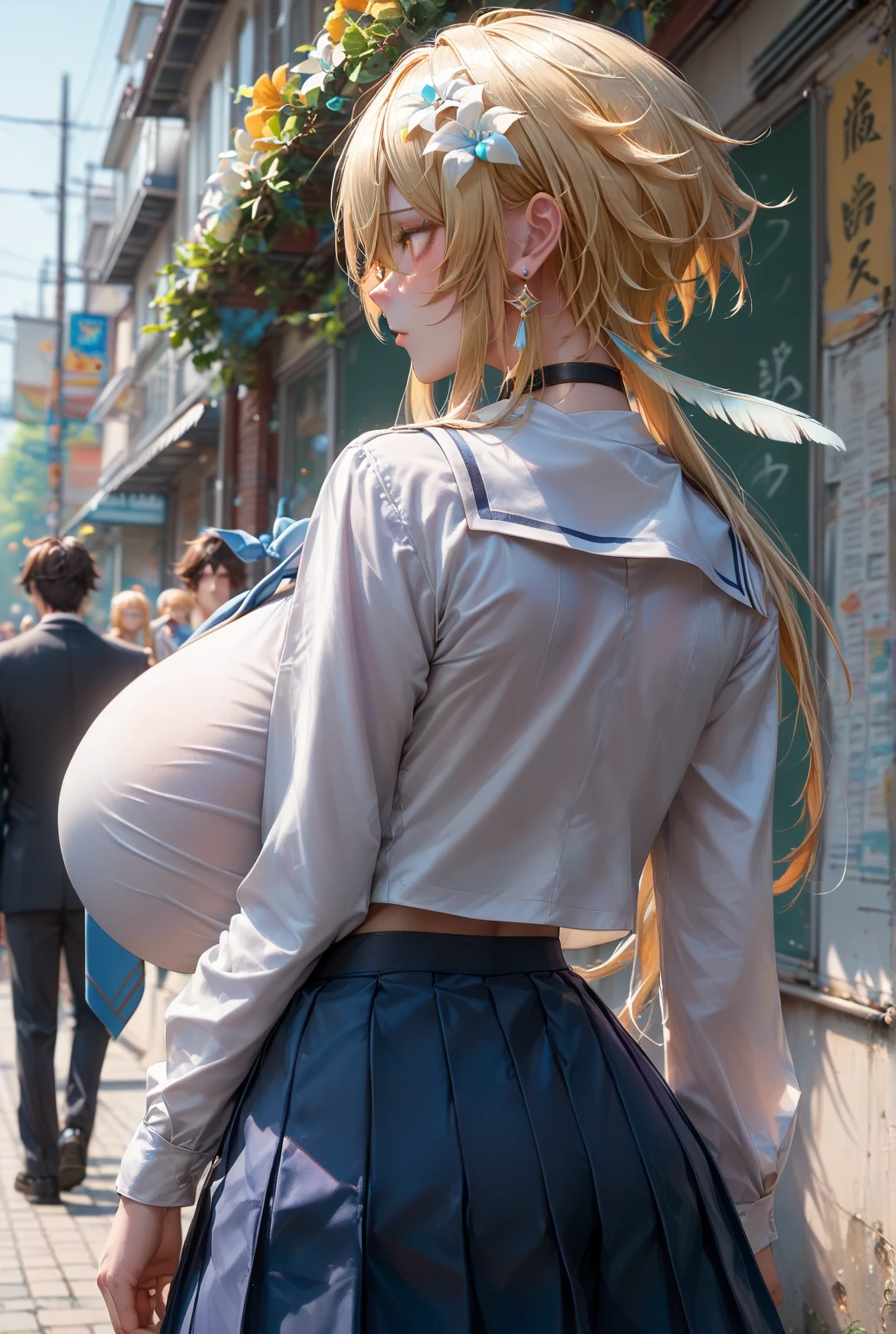 score_9,score_8_up,score_7_up BREAK 1girl, blonde hair, hair ornament, hair between eyes, hair between eyes, yellow eyes, hair flower, feathers, white flower, short hair with long locks, feather hair ornament, lumine (genshin impact), street background, blush, (hyper breasts), (earrings:1.5), (black choker, school uniform with mini skirt, back view, necktie:1.5)