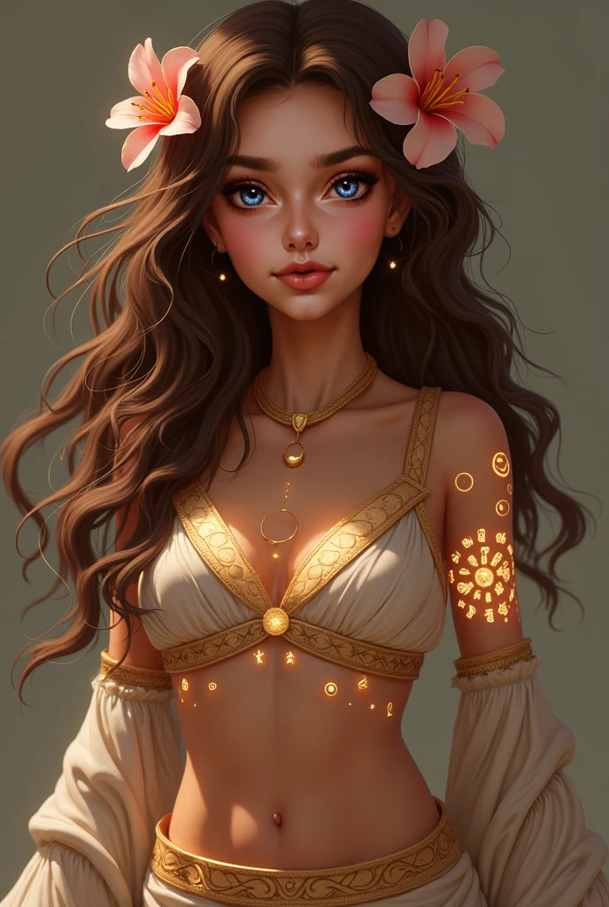 A stunning 3D illustration of a woman wearing a provocative Aries-themed outfit. Her expression is a mix of surprise and playfulness, with her eyes wide and a slight smile on her lips. The outfit comprises a gold ram-shaped headdress, a skintight golden bodysuit with a ram pattern, and knee-high gold boots. The overall image is highly detailed and rendered in 4K quality, creating a vivid and captivating close-up view of the woman. The background is a dark, starry sky, adding a sense of depth to the scene.