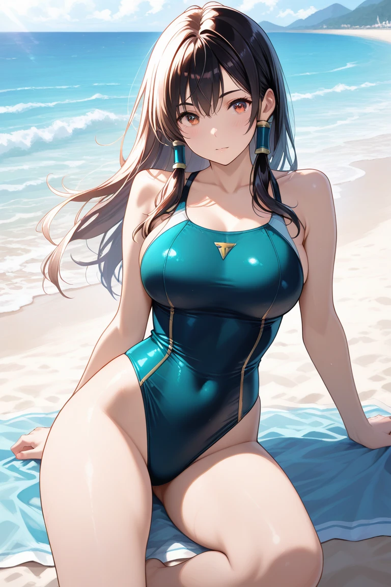 (((Satono Diamond,umamusume,horse ears, Uma Musume,))) horse tail,Green Ribbon,hair between eyes,brown hair, very long hair, spread hair, french braid,brown eyes, princess cut, white skin, shiny skin, gleaming skin, glistening skin, glamorous, teenager, huge breasts, (((black competition swimsuit,)))  (((Ocean,))) wariza, (((Wet,))) blush, anguish, Oil, (((((humid,))))) (lying, on back,) (afterglow,) blush, open mouth,