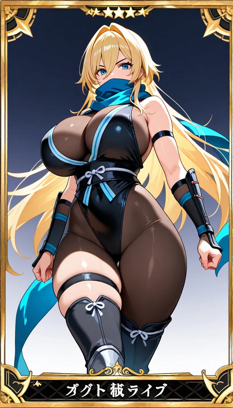 1girl,solo,super detailed skin,shiny skin,natural face,lips gloss,eyelashes,blue hair,hair over one eye,half open eye,eyelashes,lips gloss,side ponytail,large breasts,(asymmetry ninja clothes1.1),fishnet,blue vinyl body suit,high leg,cameltoe,simple background ,from below ,masterpiece,best quality,ultra detailed,high resolution,sharp focus,depth of field