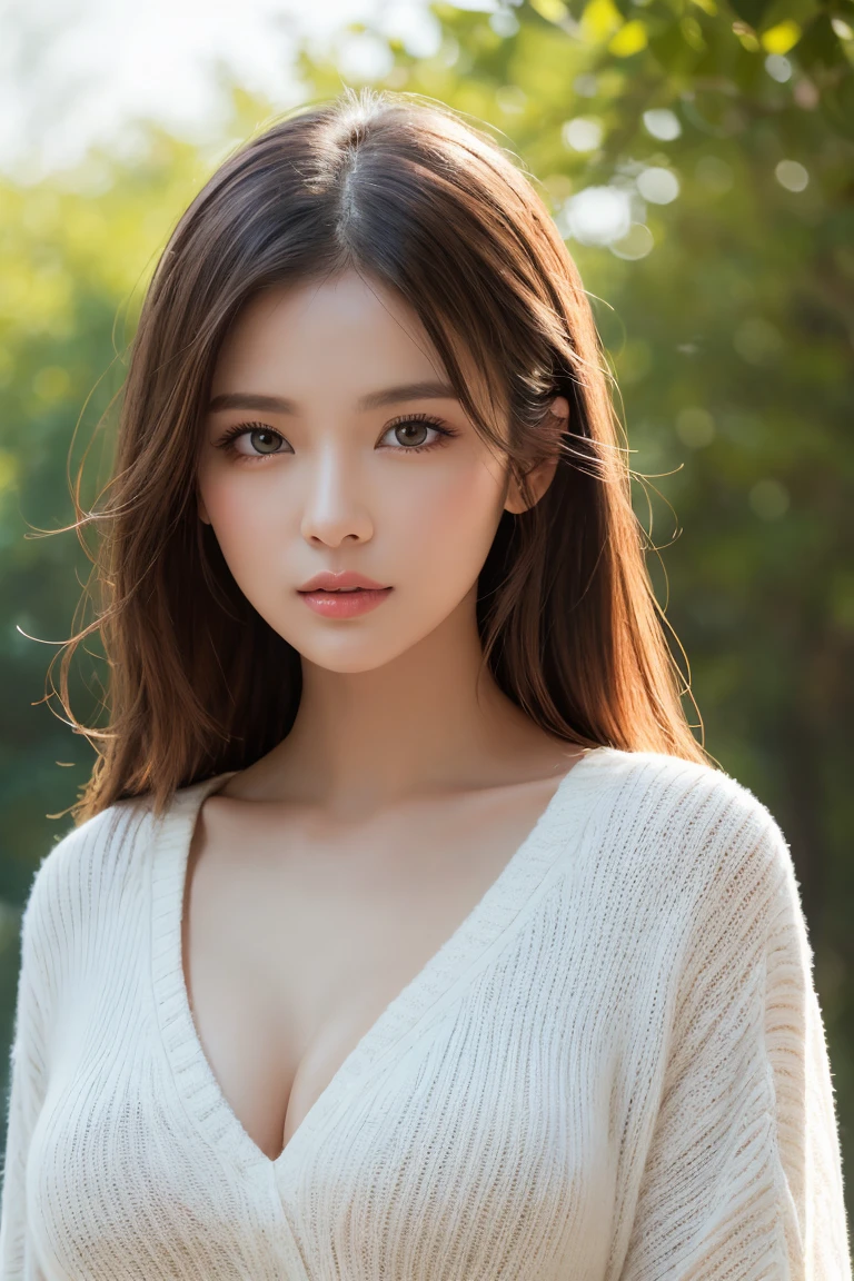 1 girl、、hyperdetailed face、Detailed lips、A detailed eye、double eyelid, (Medium long hair、Huge breasts:1.5)、summer sweater:1.1, ((top-quality、8k、Photorealsitic, ​masterpiece:1.3)), latex jeans