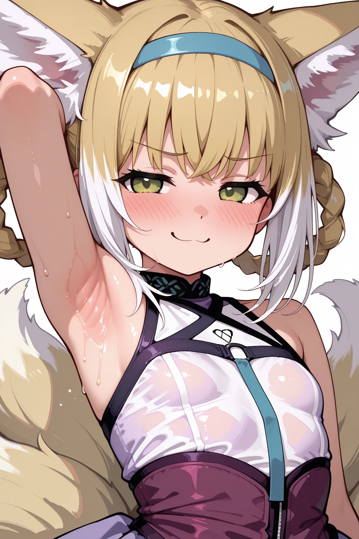 score_9,score_8_up,score_7_up,rating_explicit,
1girl,suzuran,closed mouth,green eyes,,animal ear fluff,blonde hair,multiple tails,fox tail,straddling,(cat lingerie:1.1),spread legs,bedroom,,(vaginal:1.1), pov, blush, nose blush, ears blush, @_@, leaning forward