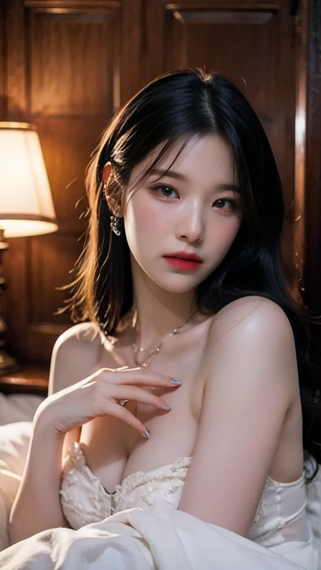 Beautiful girl, kpop idol, hot body, nude, the girl kissing an old man, in a Korean karaoke room, hallway, it's very dark, neon