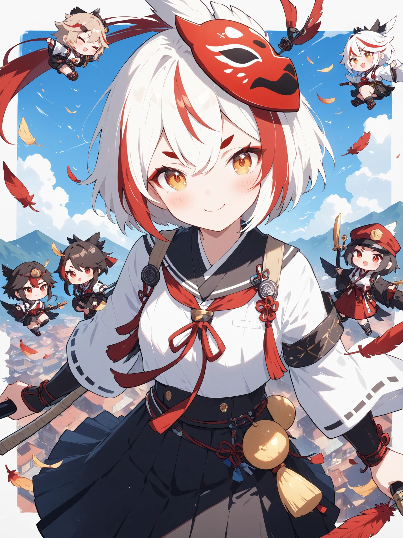 thin and soft painting style 、1 person、solo、 chibiキャラ、 chibi、Tengu girl、Sky Dog Decoration、Tengu Outfit、Tengu feather、Tengu clogs、Red eyebrows、Mask of a tengu on the head、white hair, highlights hair, red streaked hair、yellow porn、squint、boyish、smile、Tengu in a female student uniform